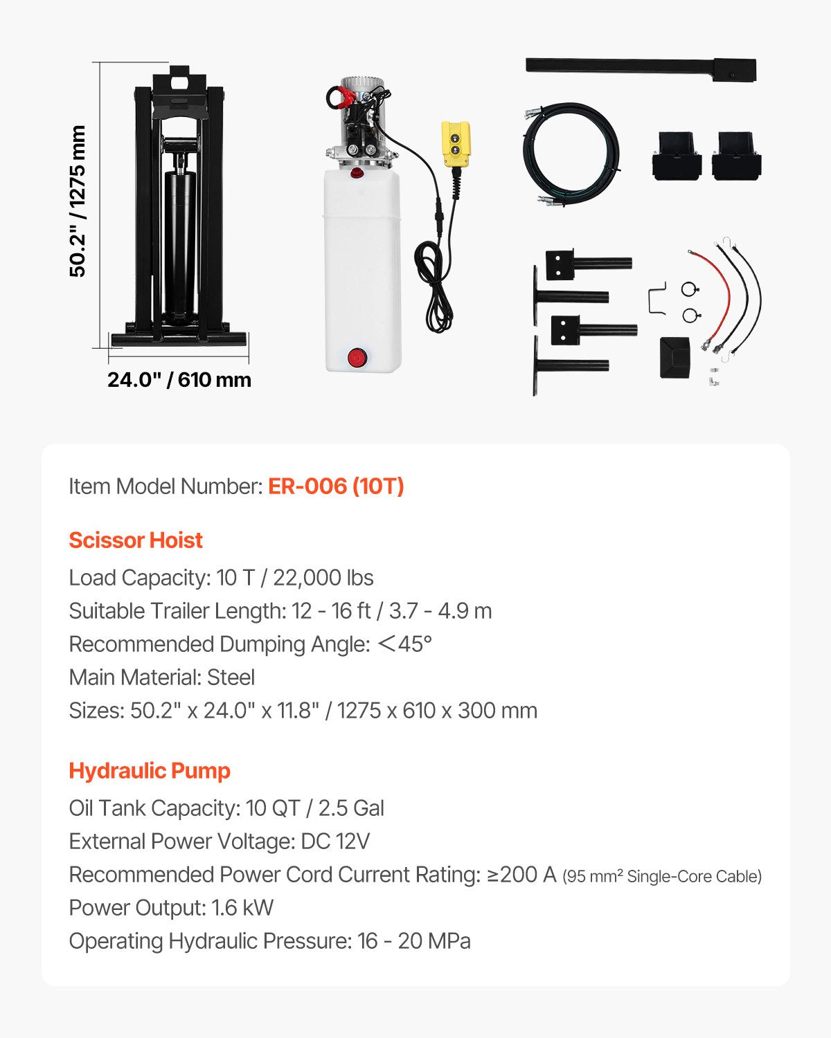 VEVOR Hydraulic Dump Lift Kit, 22,000 lb/10 T Dump Trailer Hydraulic Scissor Hoist Kit Standard Kit, Hydraulic Dump Bed Kit with 12V Hydraulic Pump Unit Suitable for Scissor Lift Dump Trailers Trucks