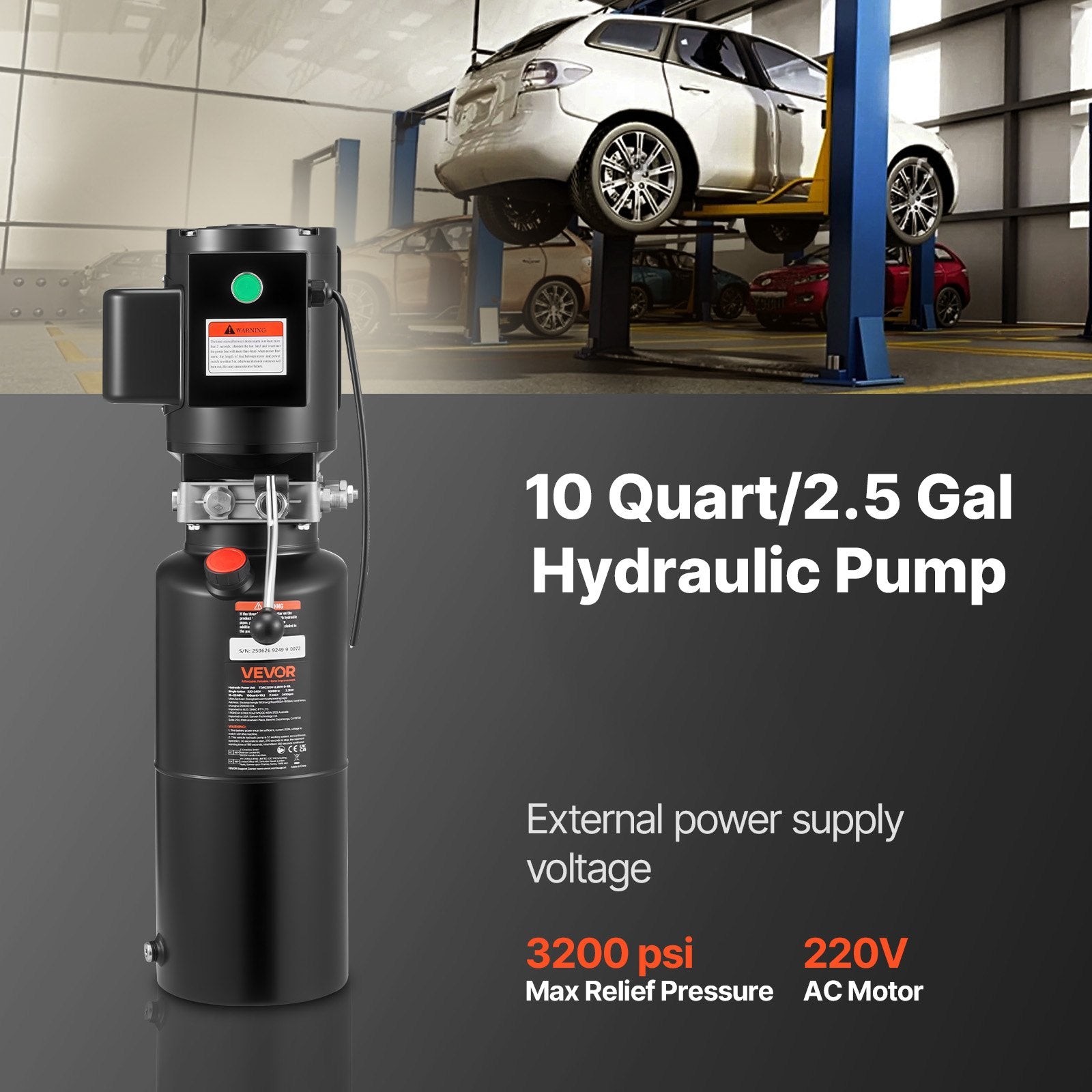 VEVOR Hydraulic Pump Power Unit, AC 220V, 10 Quart Single Acting Hydraulic Unit, 6.3 L/min Oil Flow, Max Discharge Pressure 22 MPa for Dump Truck, Auto Repair Garage, Car Lifting Platforms, Black