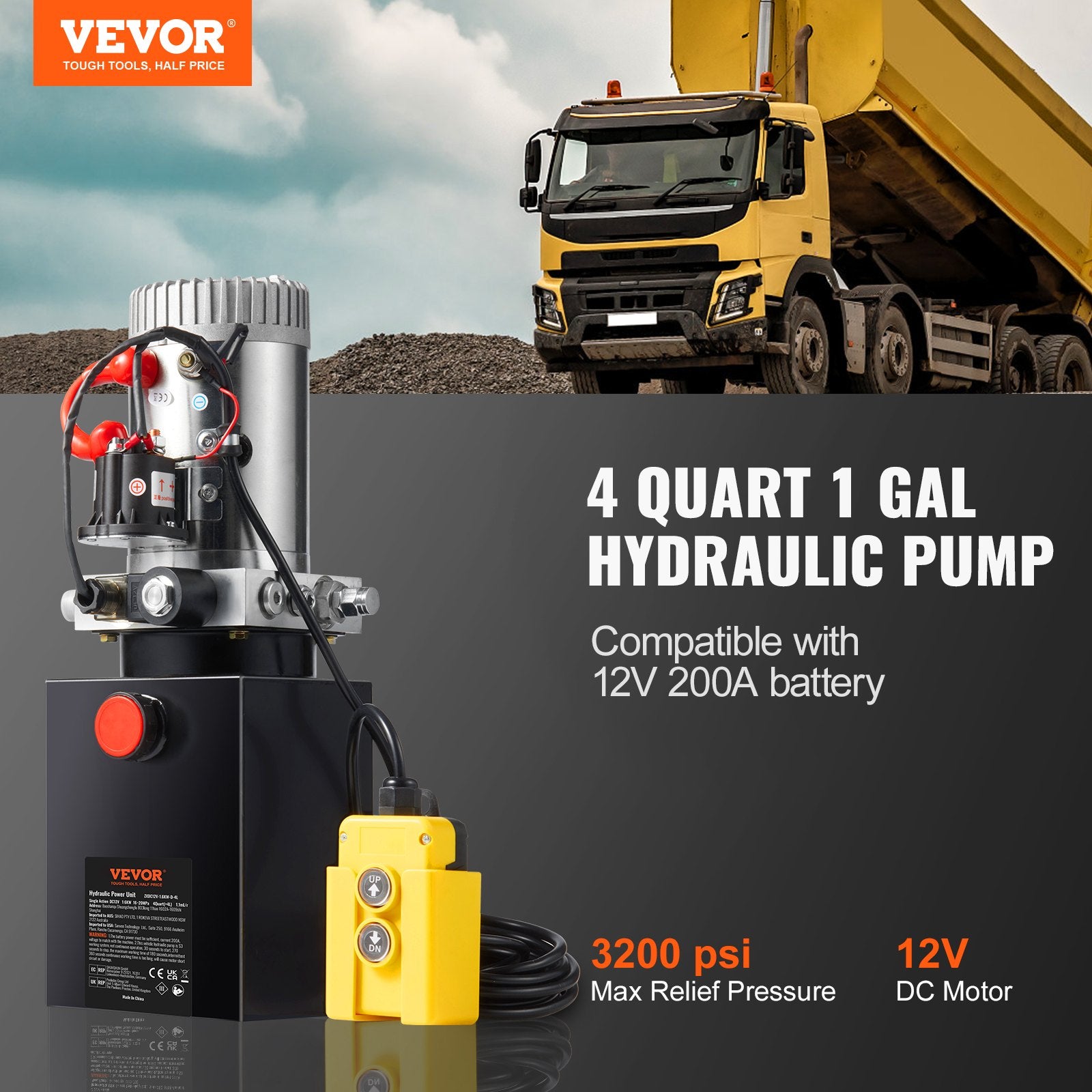 VEVOR Hydraulic Pump 4 Quart/3.8 L Single Acting Dump Trailer Pump Power Unit DC 12V