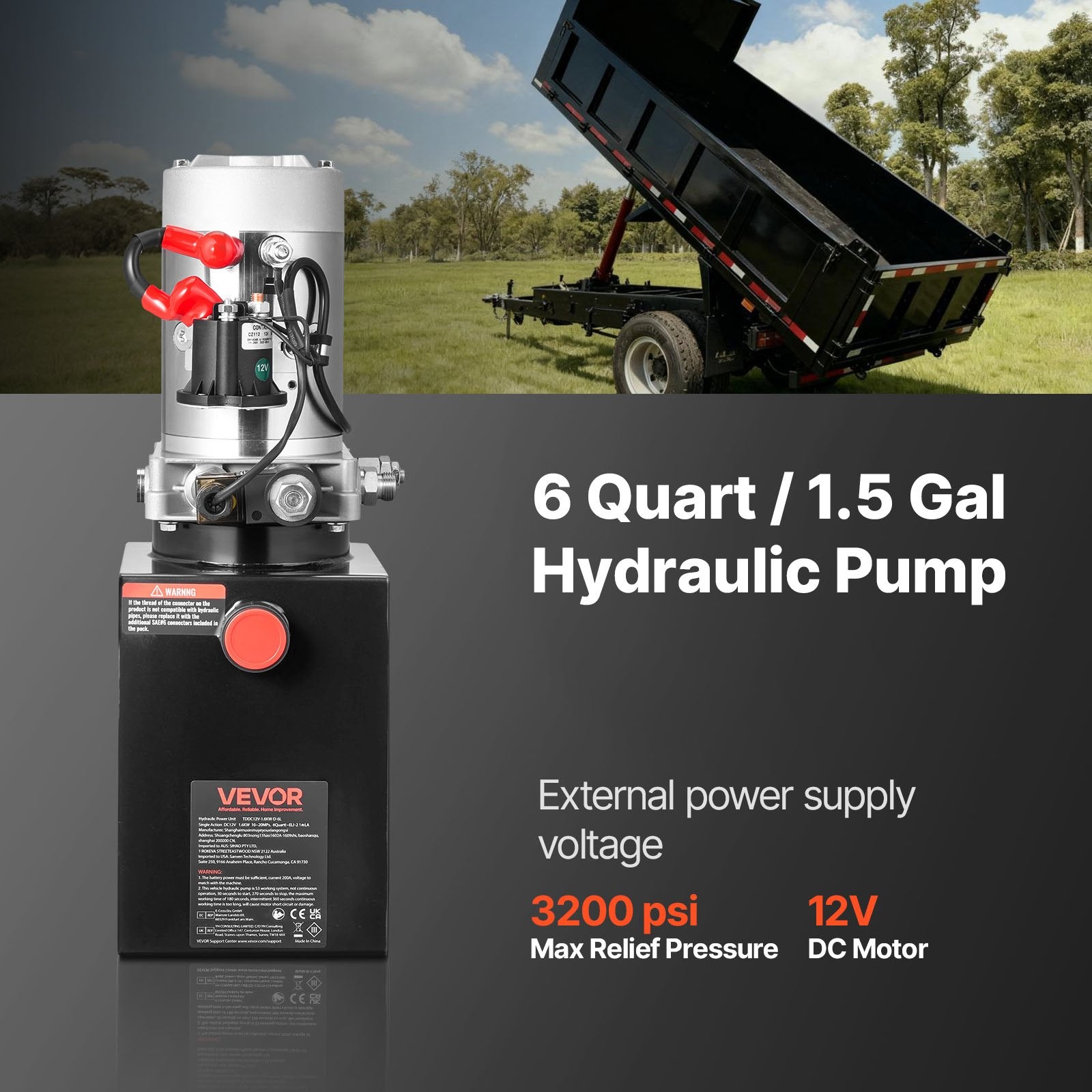 VEVOR 6 L Hydraulic Power Unit, Single Acting Dump Trailer Pump, 22 MPa Max Relief Pressure & 3.4 L/min Flow Rate, DC 12V Hydraulic Pump with Metal Reservoir for Dump Trailer Car Lifting, Black