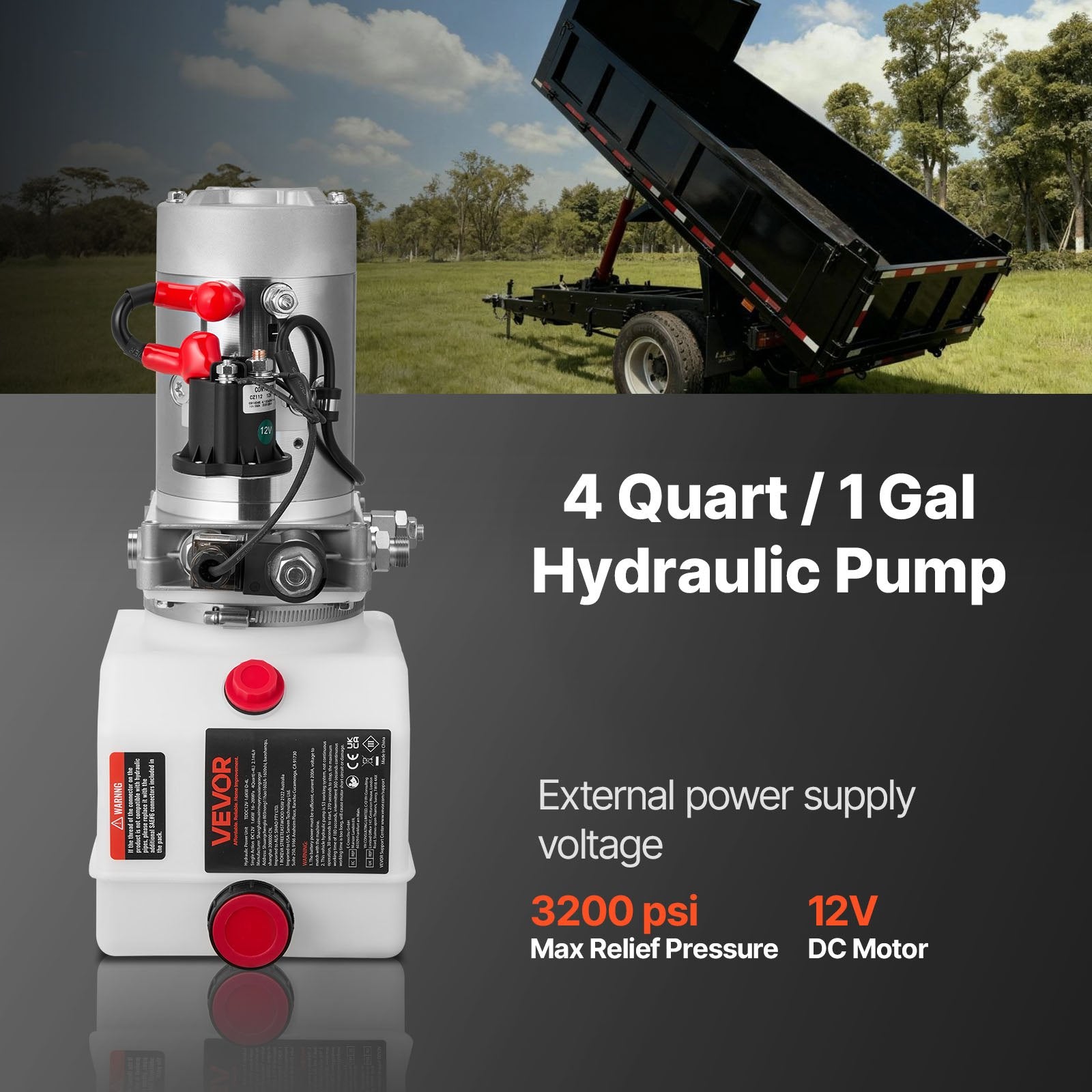 VEVOR 4 L Hydraulic Power Unit, Single Acting Dump Trailer Pump, 22 MPa Max Relief Pressure & 3.4 L/min Flow Rate, DC 12V Hydraulic Pump with Metal Reservoir for Dump Trailer Car Lifting