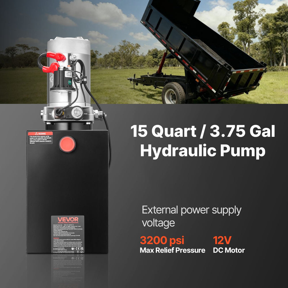 VEVOR 15 L Hydraulic Power Unit, Single Acting Dump Trailer Pump, 22 MPa Max Relief Pressure & 3.4 L/min Flow Rate, DC 12V Hydraulic Pump with Metal Reservoir for Dump Trailer Car Lifting
