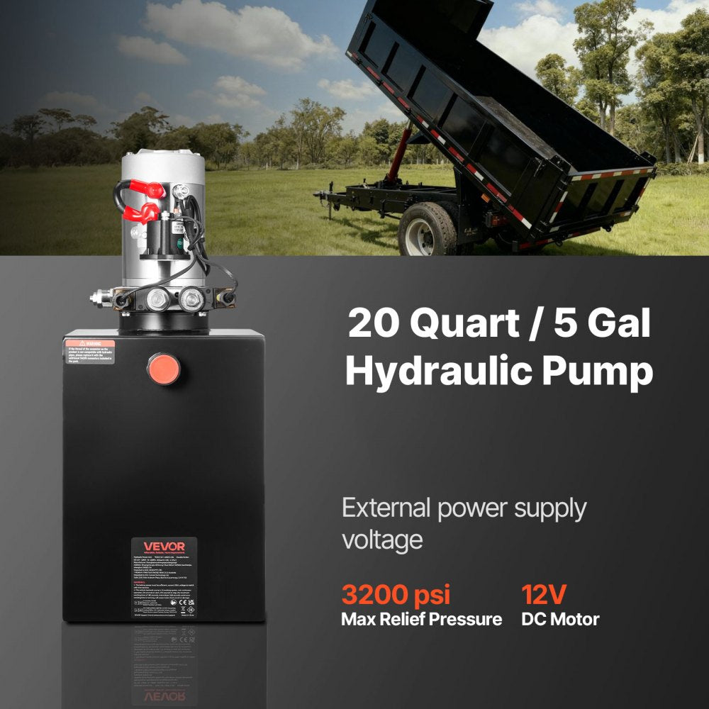 VEVOR 20 L Hydraulic Power Unit, Double Acting Dump Trailer Pump, 22 MPa Max Relief Pressure & 3.4 L/min Flow Rate, DC 12V Hydraulic Pump with Metal Reservoir for Dump Trailer Car Lifting