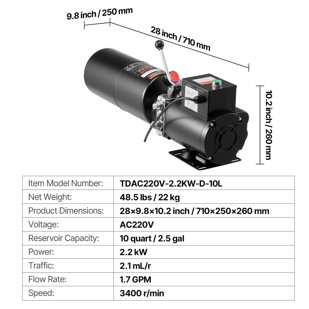VEVOR Hydraulic Pump Power Unit, AC 220V, 10 Quart Single Acting Hydraulic Unit, 6.3 L/min Oil Flow, Max Discharge Pressure 22 MPa for Dump Truck, Auto Repair Garage, Car Lifting Platforms, Black