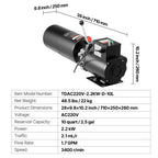 VEVOR Hydraulic Pump Power Unit, AC 220V, 10 Quart Single Acting Hydraulic Unit, 6.3 L/min Oil Flow, Max Discharge Pressure 22 MPa for Dump Truck, Auto Repair Garage, Car Lifting Platforms, Black