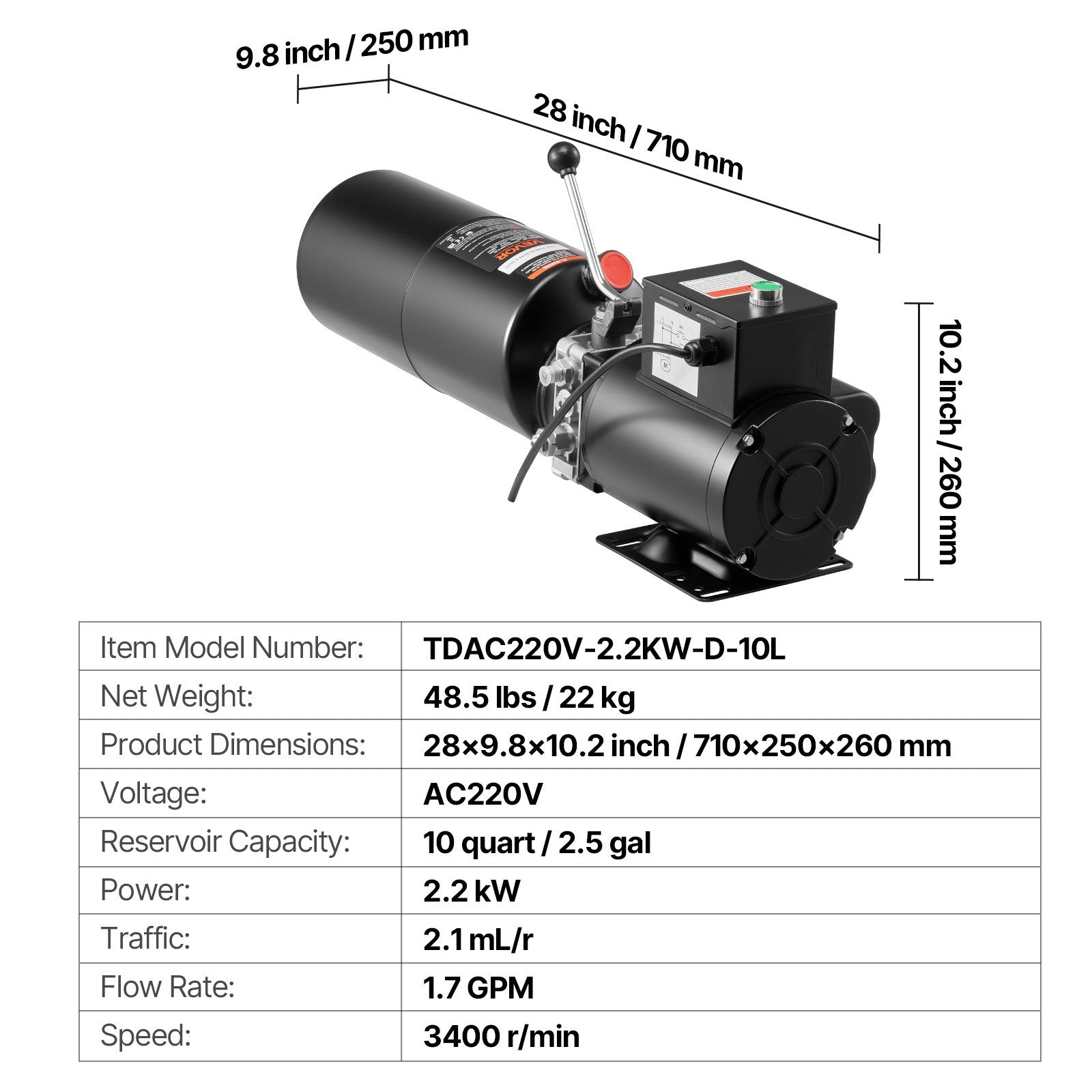 VEVOR Hydraulic Pump Power Unit, AC 220V, 10 Quart Single Acting Hydraulic Unit, 6.3 L/min Oil Flow, Max Discharge Pressure 22 MPa for Dump Truck, Auto Repair Garage, Car Lifting Platforms, Black