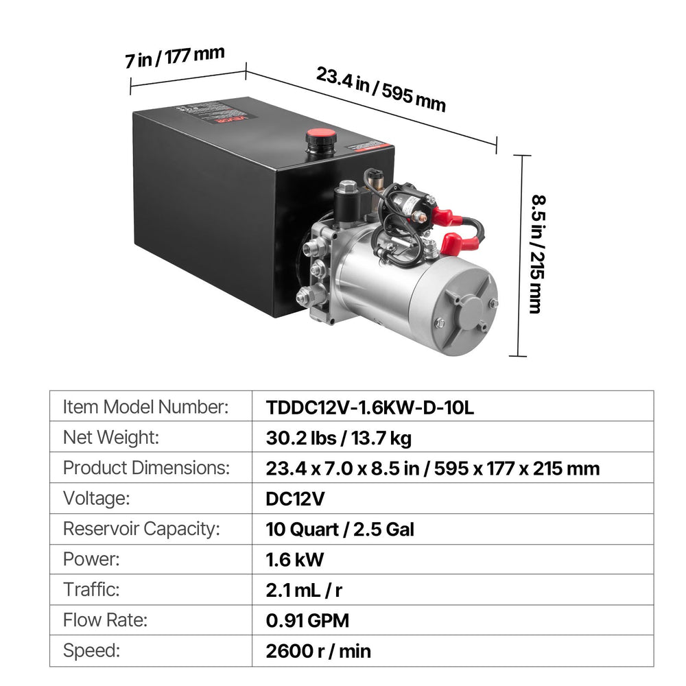 VEVOR 10 L Hydraulic Power Unit, Single Acting Dump Trailer Pump, 22 MPa Max Relief Pressure & 3.4 L/min Flow Rate, DC 12V Hydraulic Pump with Metal Reservoir for Dump Trailer Car Lifting