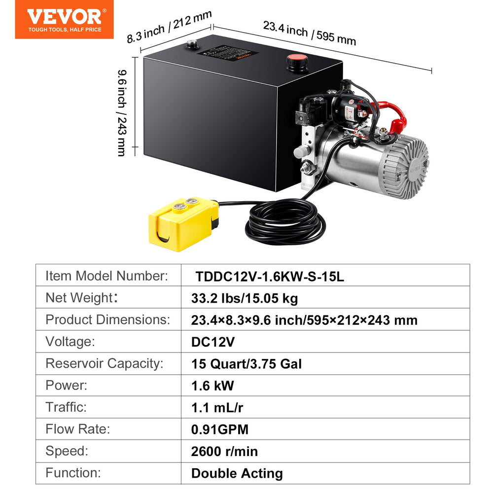 VEVOR Hydraulic Pump, 15 Quart Hydraulic Power Unit, Double Acting Dump Trailer Pump, 0.91 GPM Flow Rate, 3200 PSI Max Relief Pressure, DC 12V Hydraulic Pump for Dump Trailer Car Lifting