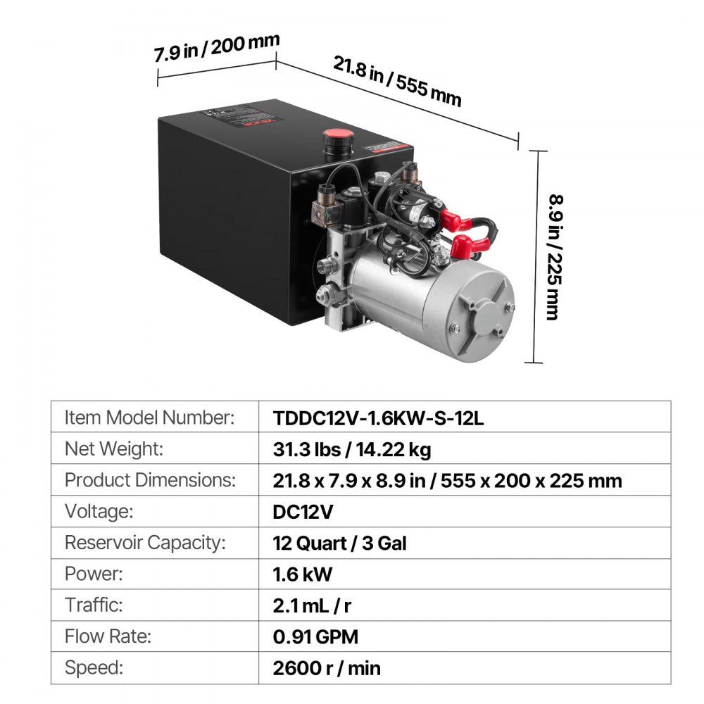 VEVOR 12 L Hydraulic Power Unit, Double Acting Dump Trailer Pump, 22 MPa Max Relief Pressure & 3.4 L/min Flow Rate, DC 12V Hydraulic Pump with Metal Reservoir for Dump Trailer Car Lifting