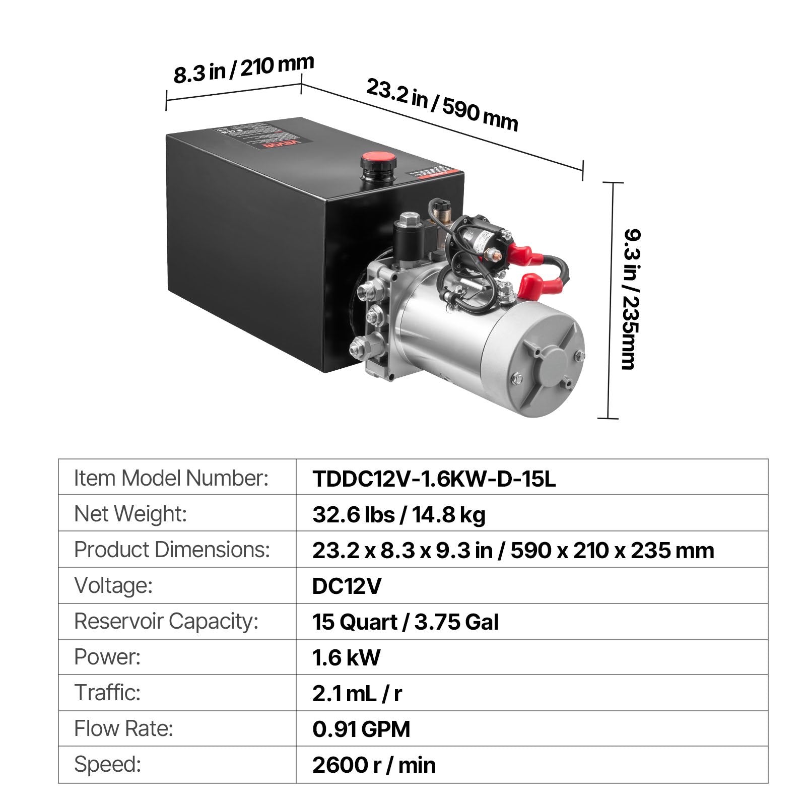 VEVOR 15 L Hydraulic Power Unit, Single Acting Dump Trailer Pump, 22 MPa Max Relief Pressure & 3.4 L/min Flow Rate, DC 12V Hydraulic Pump with Metal Reservoir for Dump Trailer Car Lifting