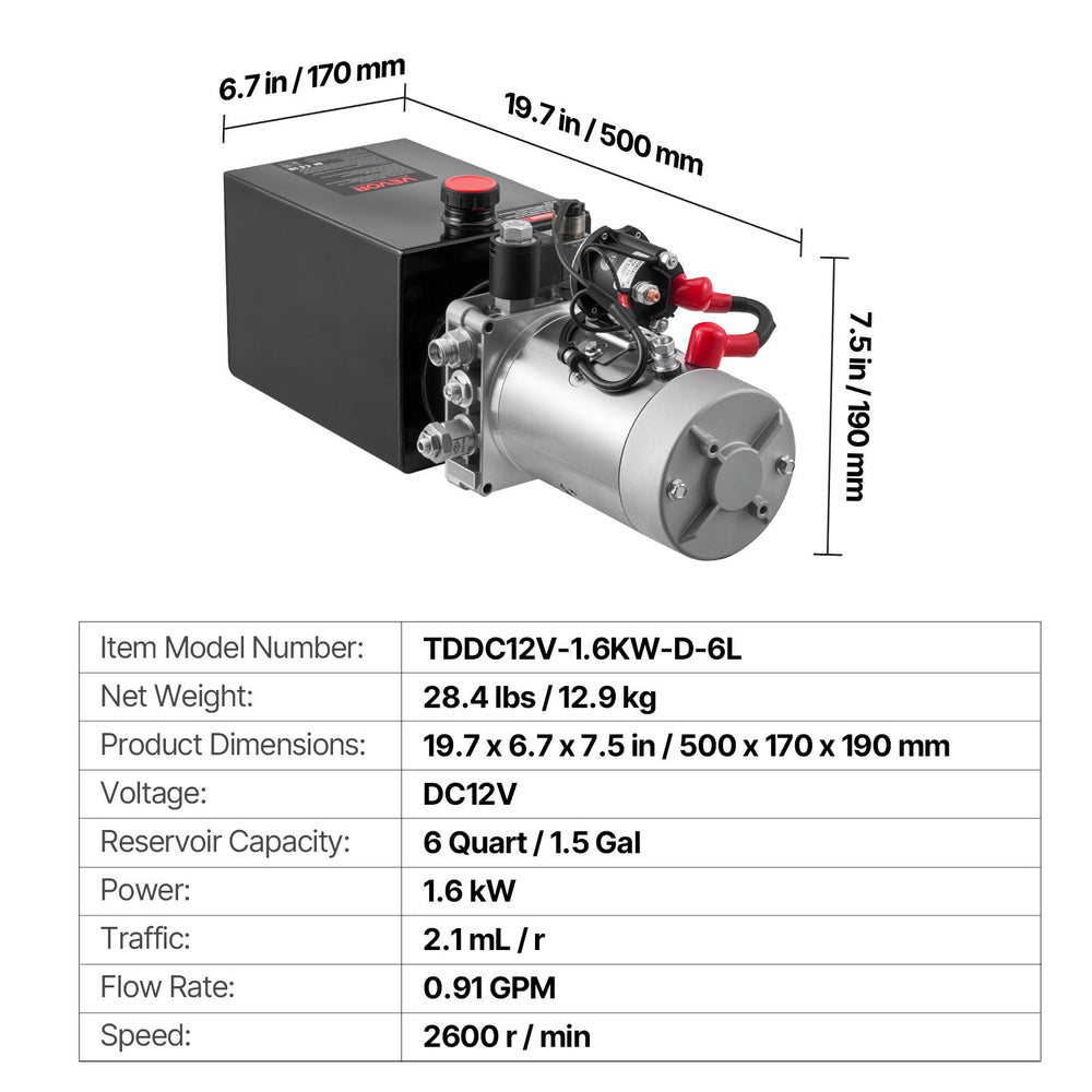 VEVOR 6 L Hydraulic Power Unit, Single Acting Dump Trailer Pump, 22 MPa Max Relief Pressure & 3.4 L/min Flow Rate, DC 12V Hydraulic Pump with Metal Reservoir for Dump Trailer Car Lifting, Black
