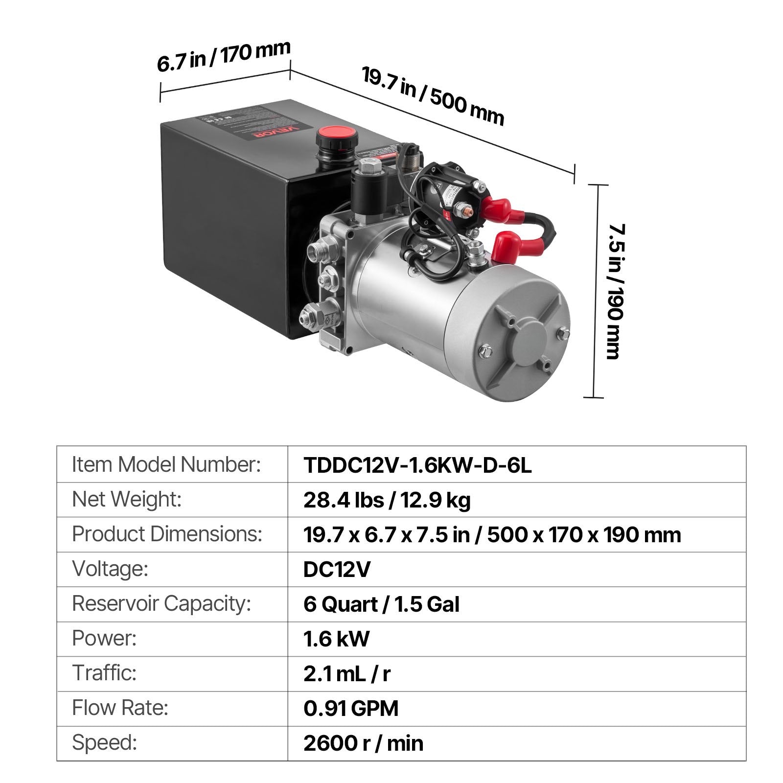 VEVOR 6 L Hydraulic Power Unit, Single Acting Dump Trailer Pump, 22 MPa Max Relief Pressure & 3.4 L/min Flow Rate, DC 12V Hydraulic Pump with Metal Reservoir for Dump Trailer Car Lifting, Black