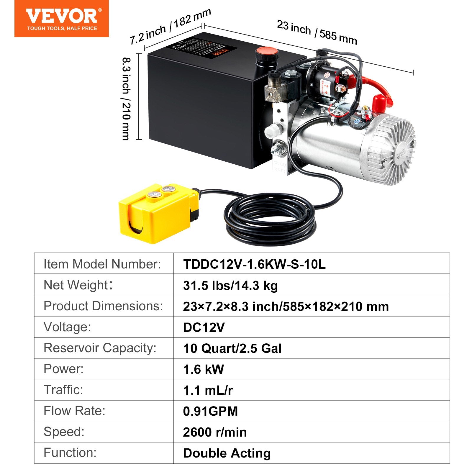VEVOR Hydraulic Pump, 10 Quart Hydraulic Power Unit, Double Acting Dump Trailer Pump, 0.91 GPM Flow Rate, 3200 PSI Max Relief Pressure, DC 12V Hydraulic Pump for Dump Trailer Car Lifting