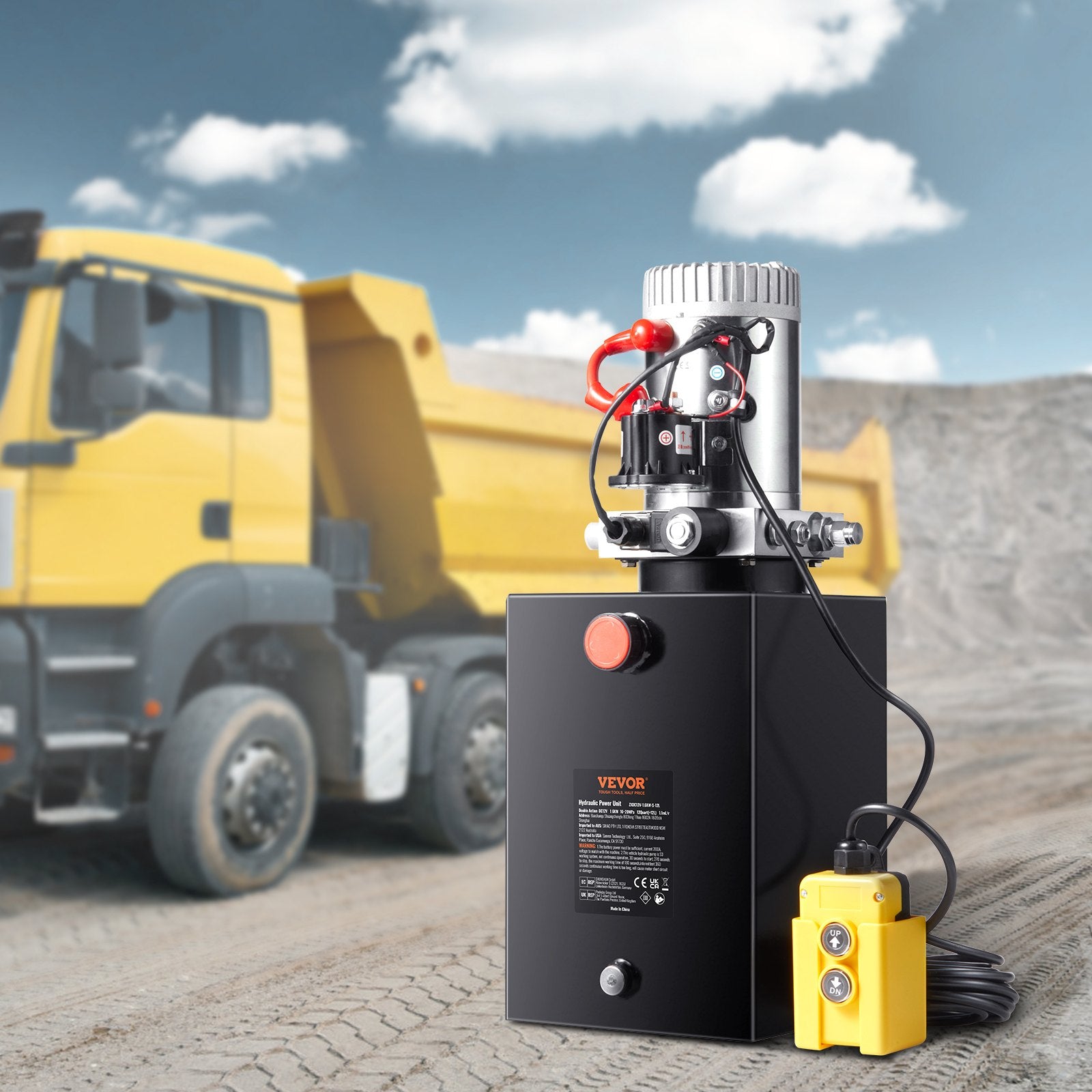 VEVOR Hydraulic Pump, 12 Quart Hydraulic Power Unit, Single Acting Dump Trailer Pump, 0.91 GPM Flow Rate, 3200 PSI Max Relief Pressure, DC 12V Hydraulic Pump for Dump Trailer Car Lifting