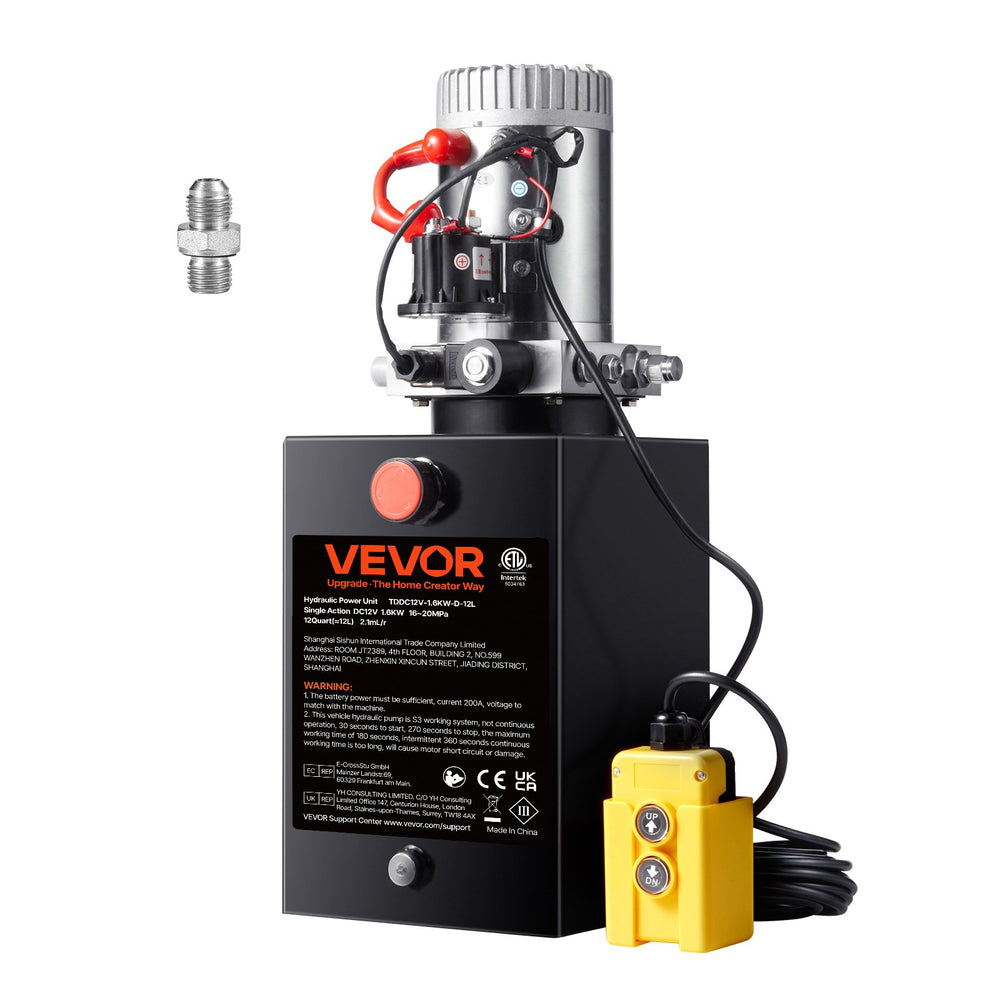 VEVOR Hydraulic Pump, 12 Quart Hydraulic Power Unit, Single Acting Dump Trailer Pump, 0.91 GPM Flow Rate, 3200 PSI Max Relief Pressure, DC 12V Hydraulic Pump for Dump Trailer Car Lifting