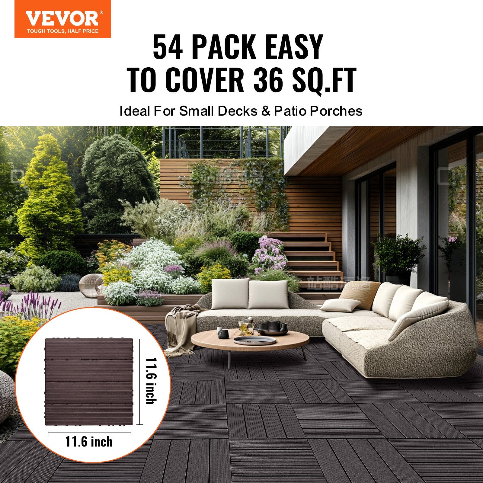 VEVOR Interlocking Deck Tiles, 54 Pack, 12"x12" 54 sq. ft Plastic Waterproof Outdoor Flooring All Weather Use, Patio Floor Decking Covering Tiles for Porch Poolside Balcony Backyard, Dark Brown