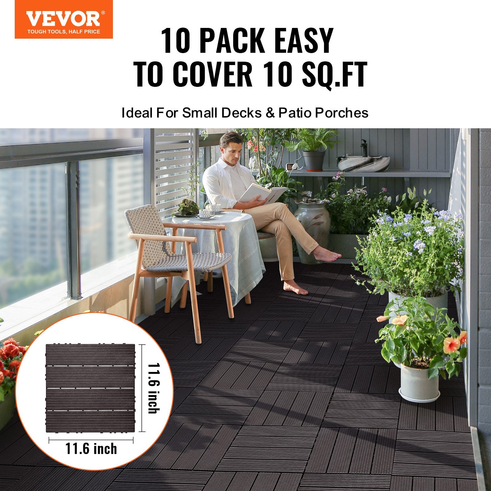 VEVOR Interlocking Deck Tiles, 10 Pack, 12"x12" 10 sq. ft Plastic Waterproof Outdoor Flooring All Weather Use, Patio Floor Decking Covering Tiles for Porch Poolside Balcony Backyard, Dark Brown