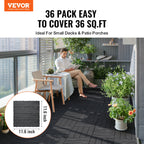 VEVOR Interlocking Deck Tiles, 36 Pack, 11.6"x11.6" 36 sq. ft Plastic Waterproof Outdoor Flooring All Weather Use, Patio Floor Decking Covering Tiles for Porch Poolside Balcony Backyard, Dark Grey