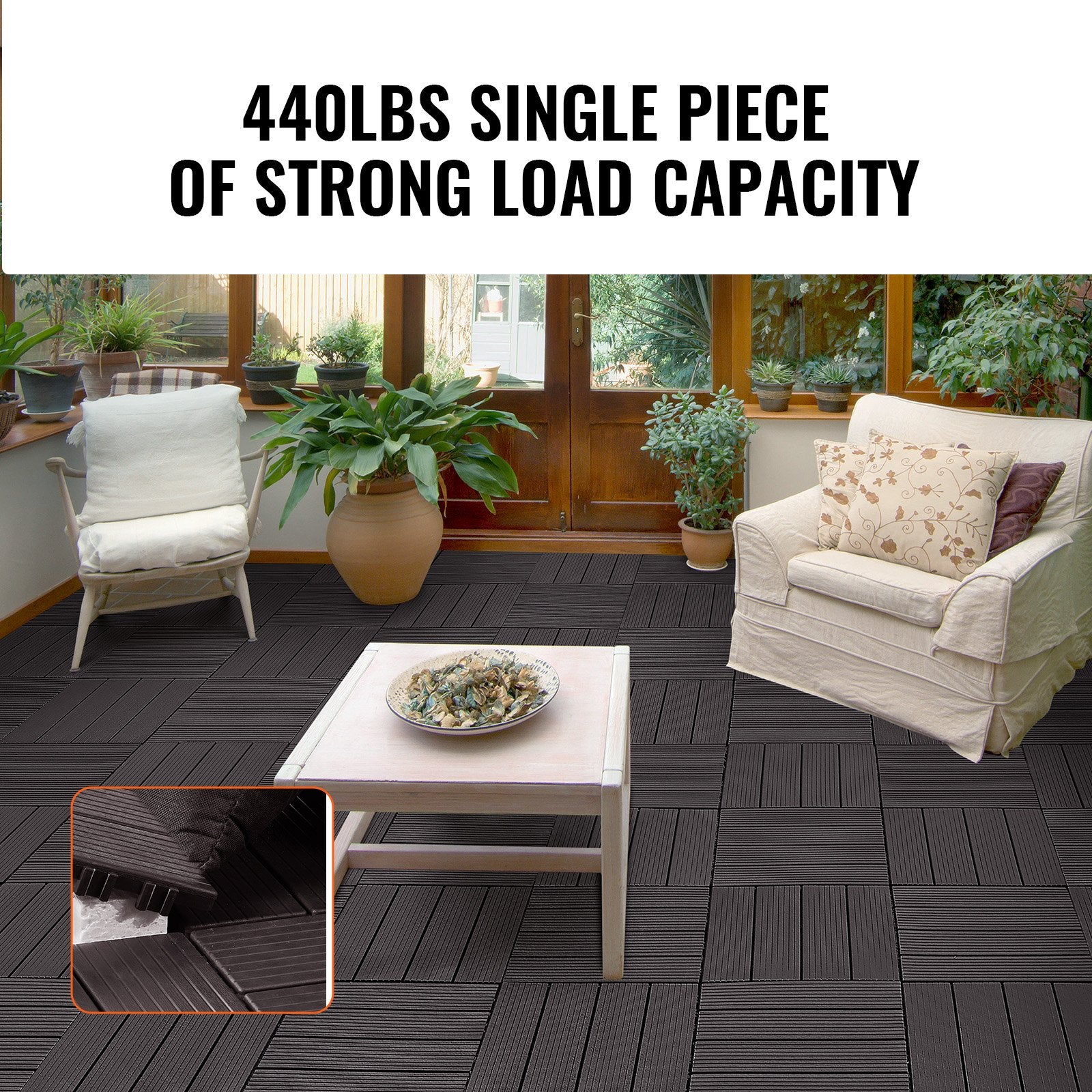 VEVOR Interlocking Deck Tiles, 10 Pack, 12"x12" 10 sq. ft Plastic Waterproof Outdoor Flooring All Weather Use, Patio Floor Decking Covering Tiles for Porch Poolside Balcony Backyard, Dark Brown