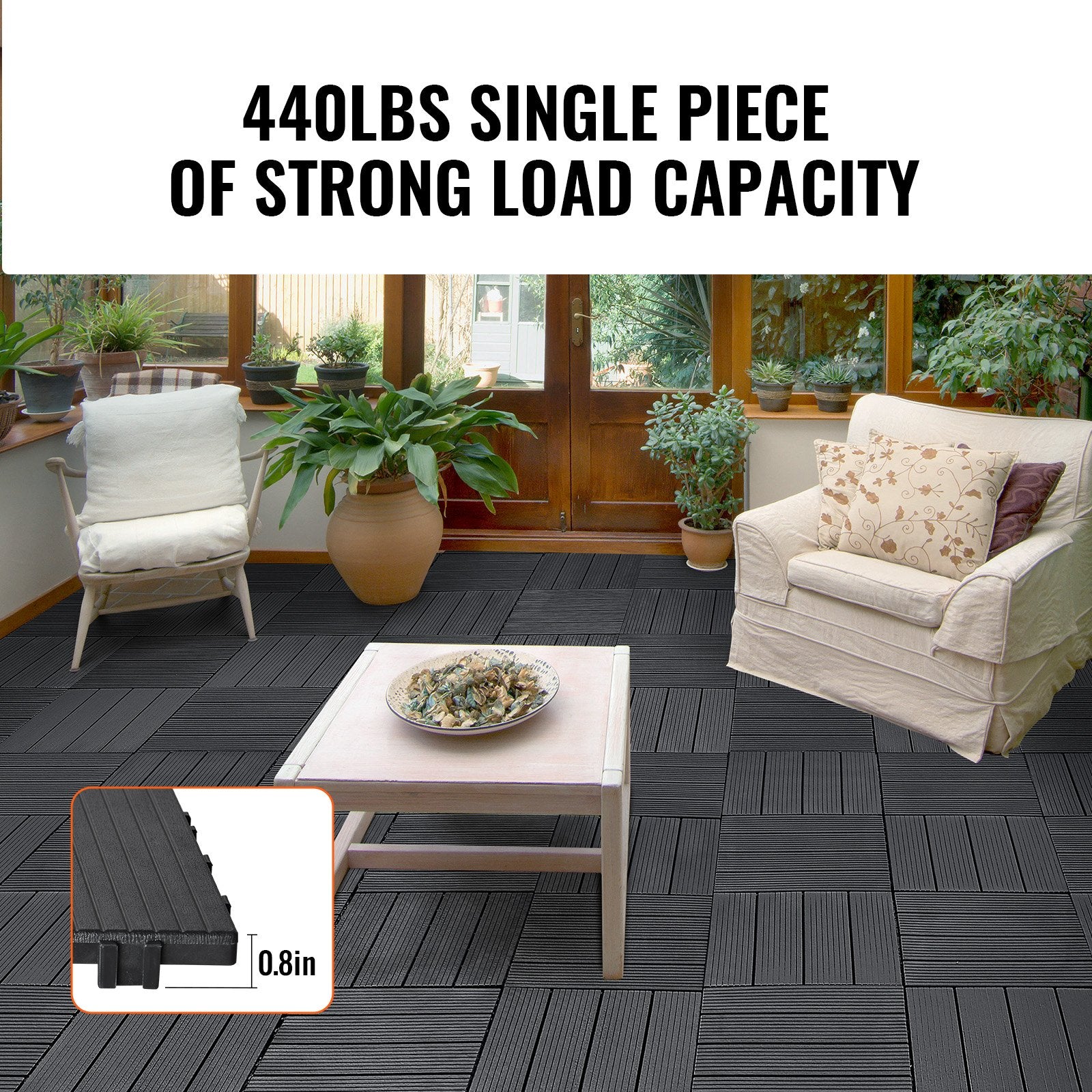 VEVOR Interlocking Deck Tiles, 36 Pack, 11.6"x11.6" 36 sq. ft Plastic Waterproof Outdoor Flooring All Weather Use, Patio Floor Decking Covering Tiles for Porch Poolside Balcony Backyard, Dark Grey