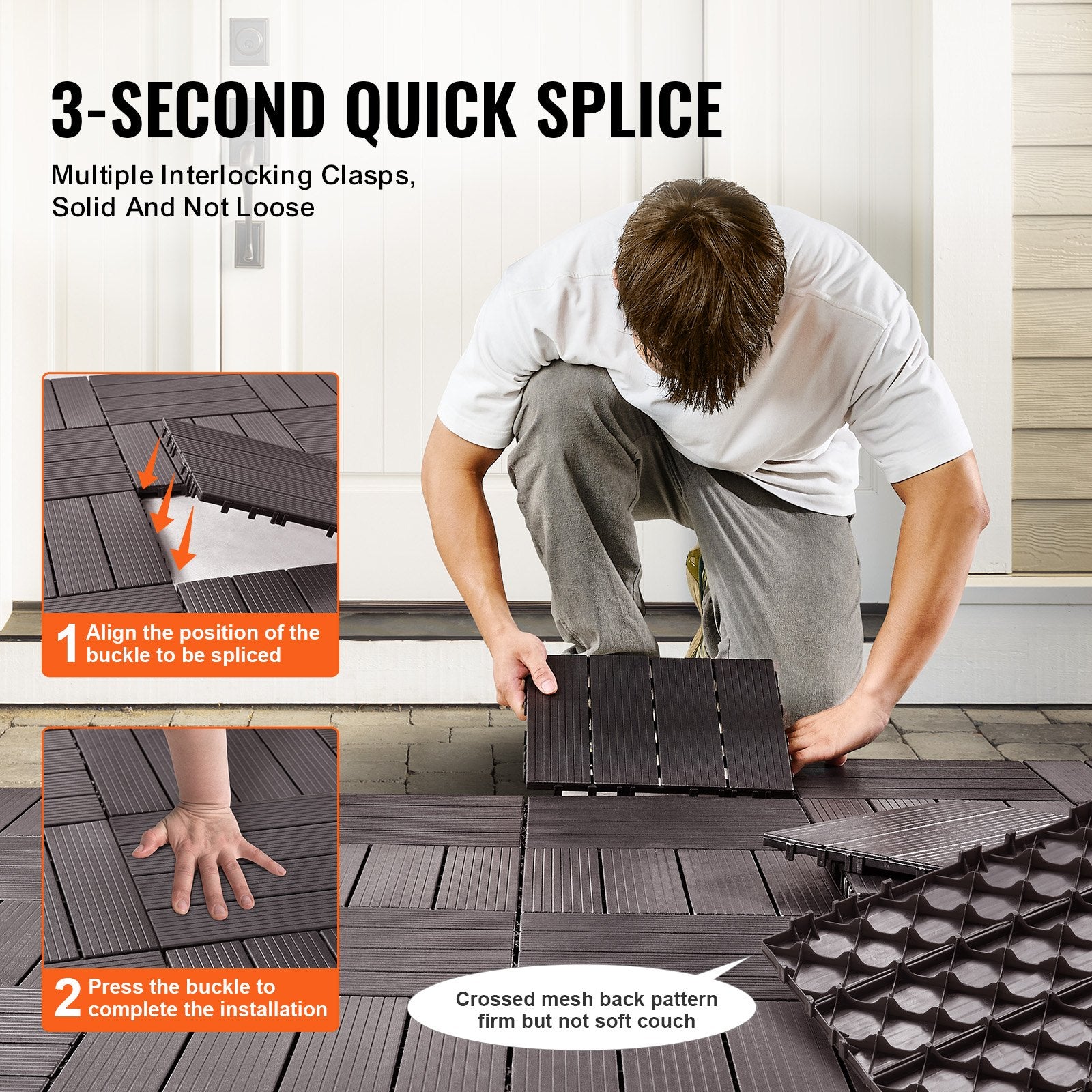 VEVOR Interlocking Deck Tiles, 54 Pack, 12"x12" 54 sq. ft Plastic Waterproof Outdoor Flooring All Weather Use, Patio Floor Decking Covering Tiles for Porch Poolside Balcony Backyard, Dark Brown