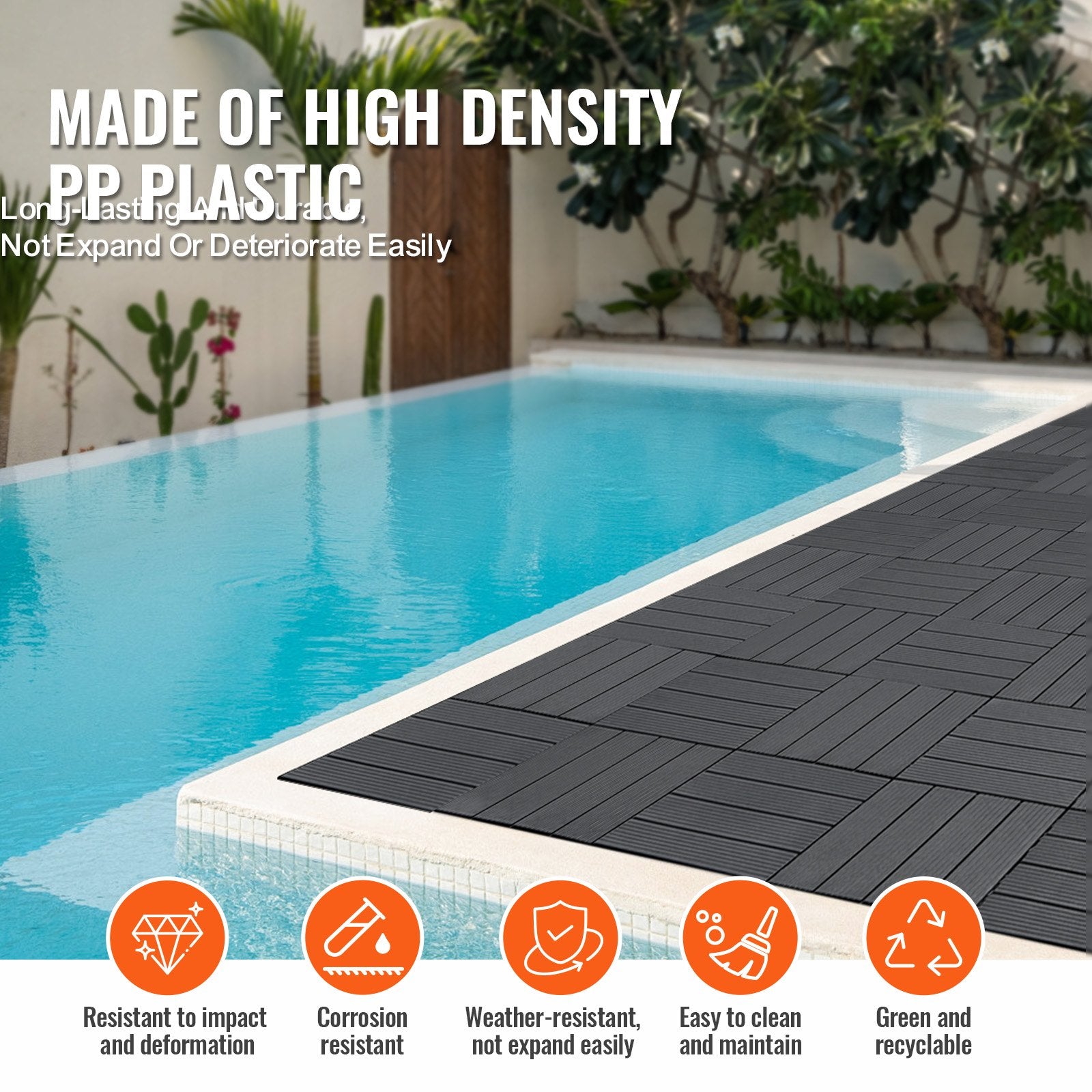 VEVOR Interlocking Deck Tiles, 36 Pack, 11.6"x11.6" 36 sq. ft Plastic Waterproof Outdoor Flooring All Weather Use, Patio Floor Decking Covering Tiles for Porch Poolside Balcony Backyard, Dark Grey