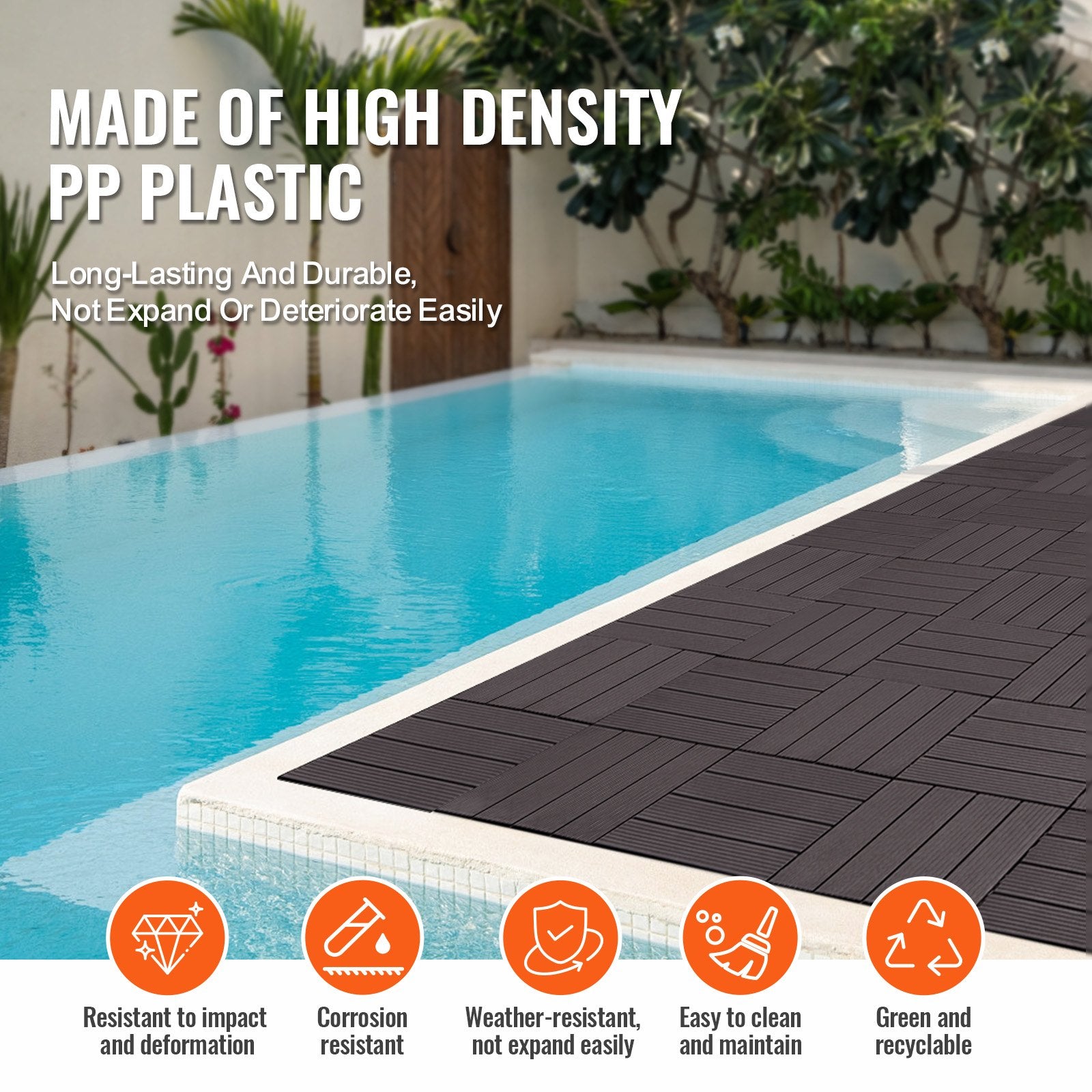 VEVOR Interlocking Deck Tiles, 10 Pack, 12"x12" 10 sq. ft Plastic Waterproof Outdoor Flooring All Weather Use, Patio Floor Decking Covering Tiles for Porch Poolside Balcony Backyard, Dark Brown