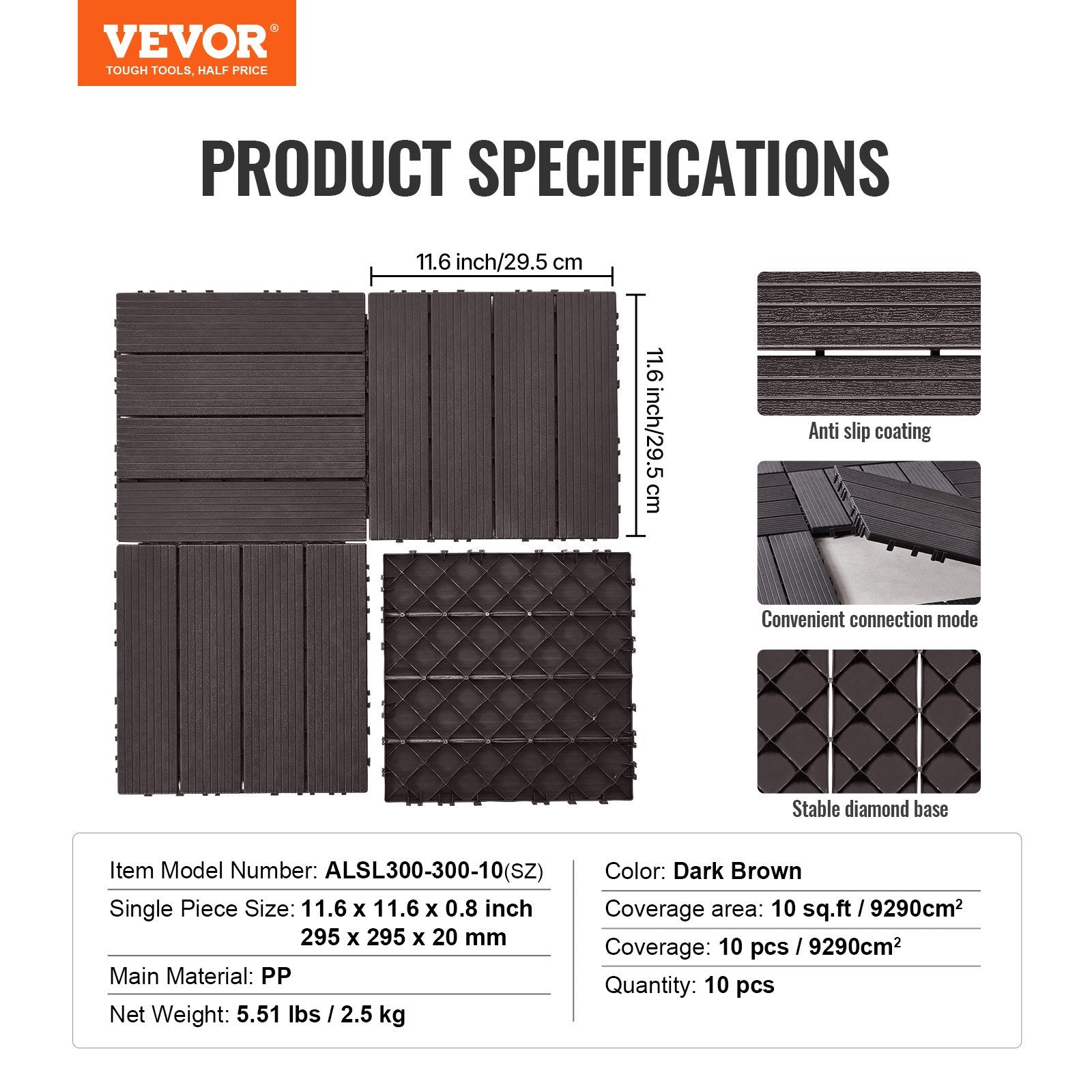 VEVOR Interlocking Deck Tiles, 10 Pack, 12"x12" 10 sq. ft Plastic Waterproof Outdoor Flooring All Weather Use, Patio Floor Decking Covering Tiles for Porch Poolside Balcony Backyard, Dark Brown
