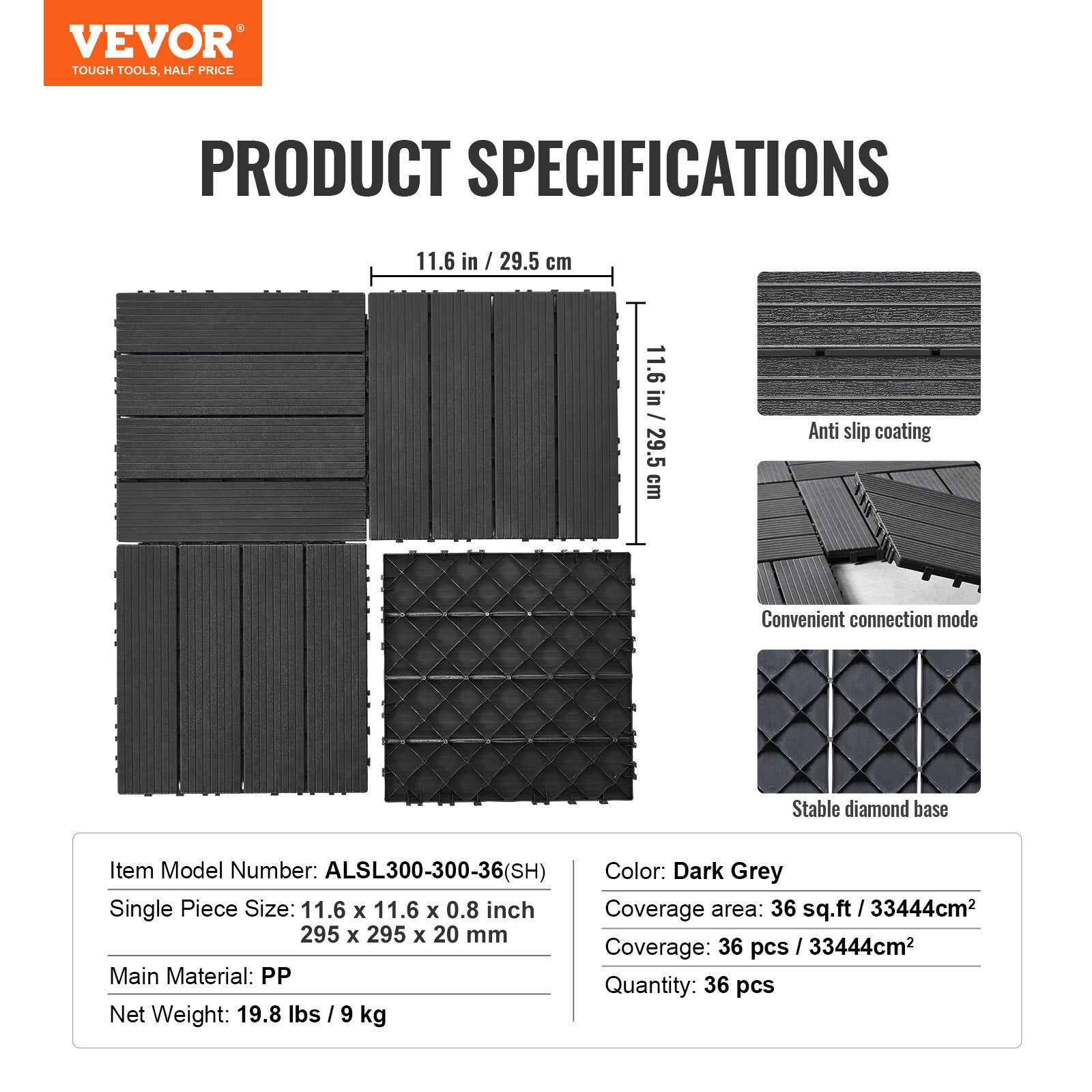 VEVOR Interlocking Deck Tiles, 36 Pack, 11.6"x11.6" 36 sq. ft Plastic Waterproof Outdoor Flooring All Weather Use, Patio Floor Decking Covering Tiles for Porch Poolside Balcony Backyard, Dark Grey