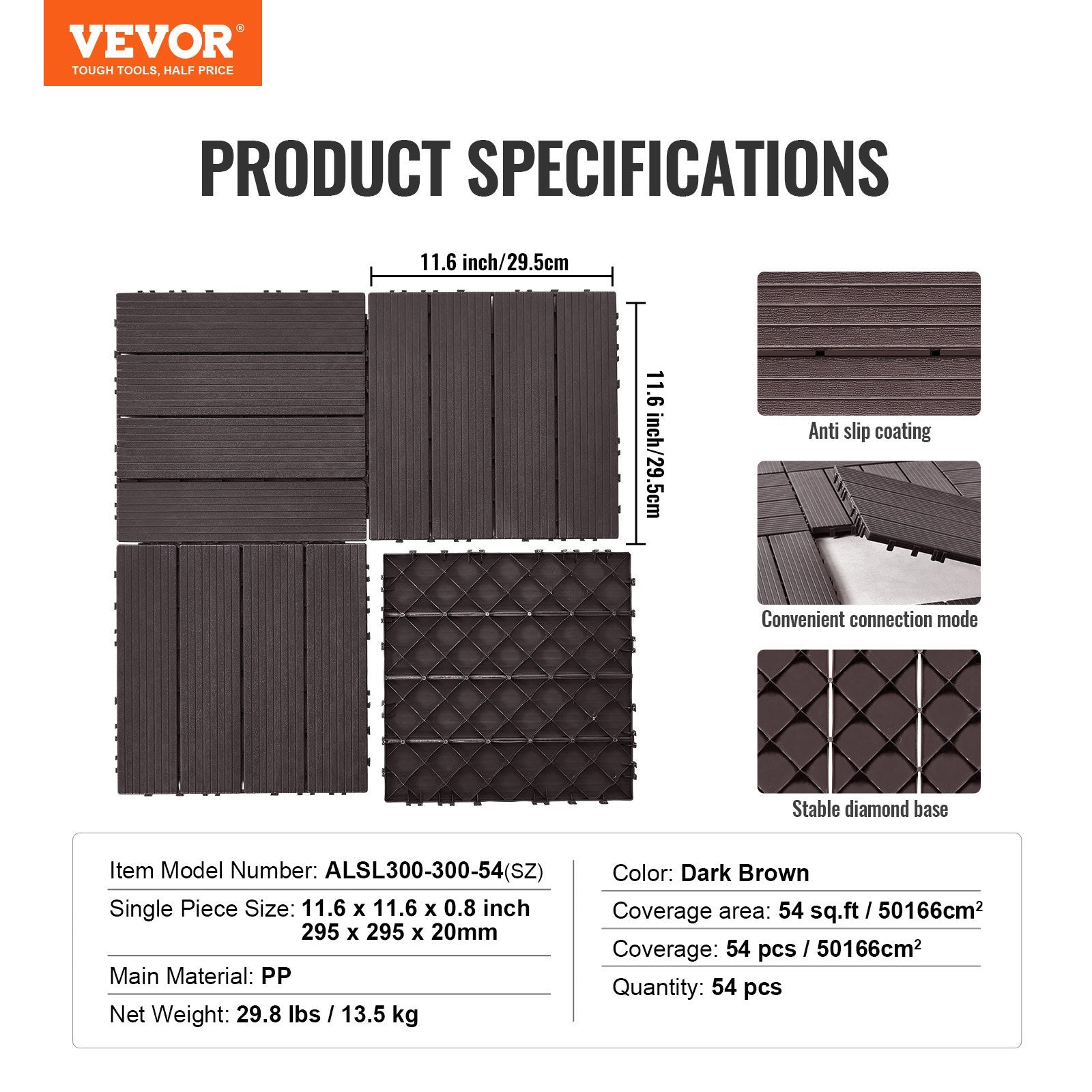 VEVOR Interlocking Deck Tiles, 54 Pack, 12"x12" 54 sq. ft Plastic Waterproof Outdoor Flooring All Weather Use, Patio Floor Decking Covering Tiles for Porch Poolside Balcony Backyard, Dark Brown