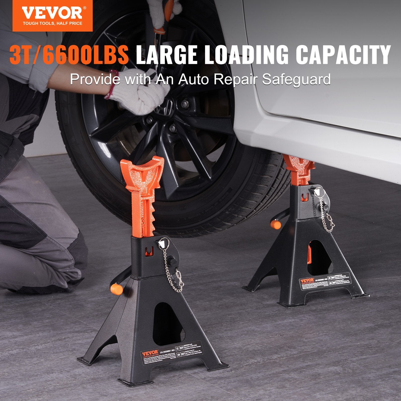VEVOR Jack Stands, 3 Ton (2,721.6 kg) Capacity Car Jack Stands Double Locking, 27.4 - 41.4 cm Adjustable Height, for lifting SUV, Pickup Truck, Car and UTV/ATV, Red, 1 Pair