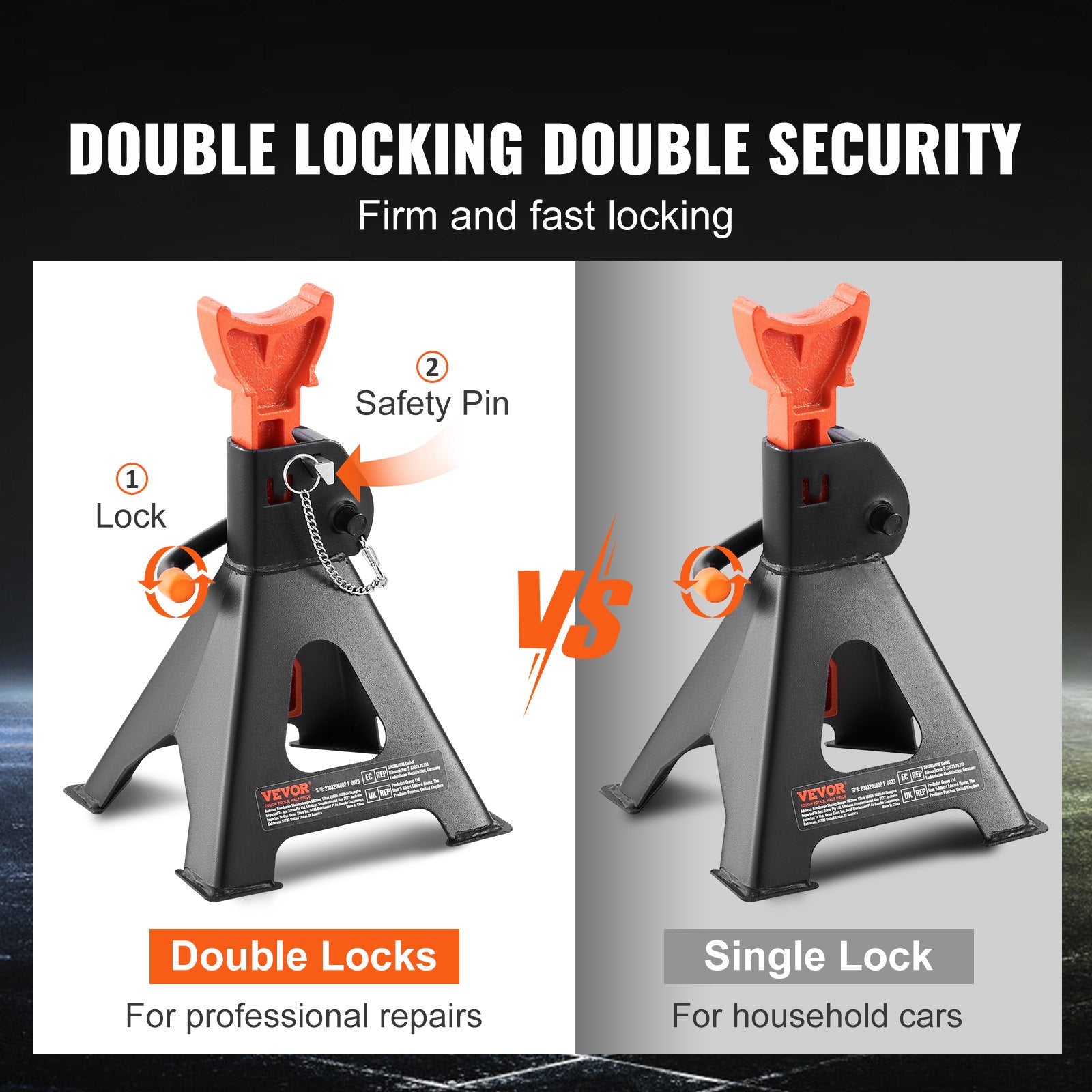VEVOR Jack Stands, 3 Ton (2,721.6 kg) Capacity Car Jack Stands Double Locking, 27.4 - 41.4 cm Adjustable Height, for lifting SUV, Pickup Truck, Car and UTV/ATV, Red, 1 Pair