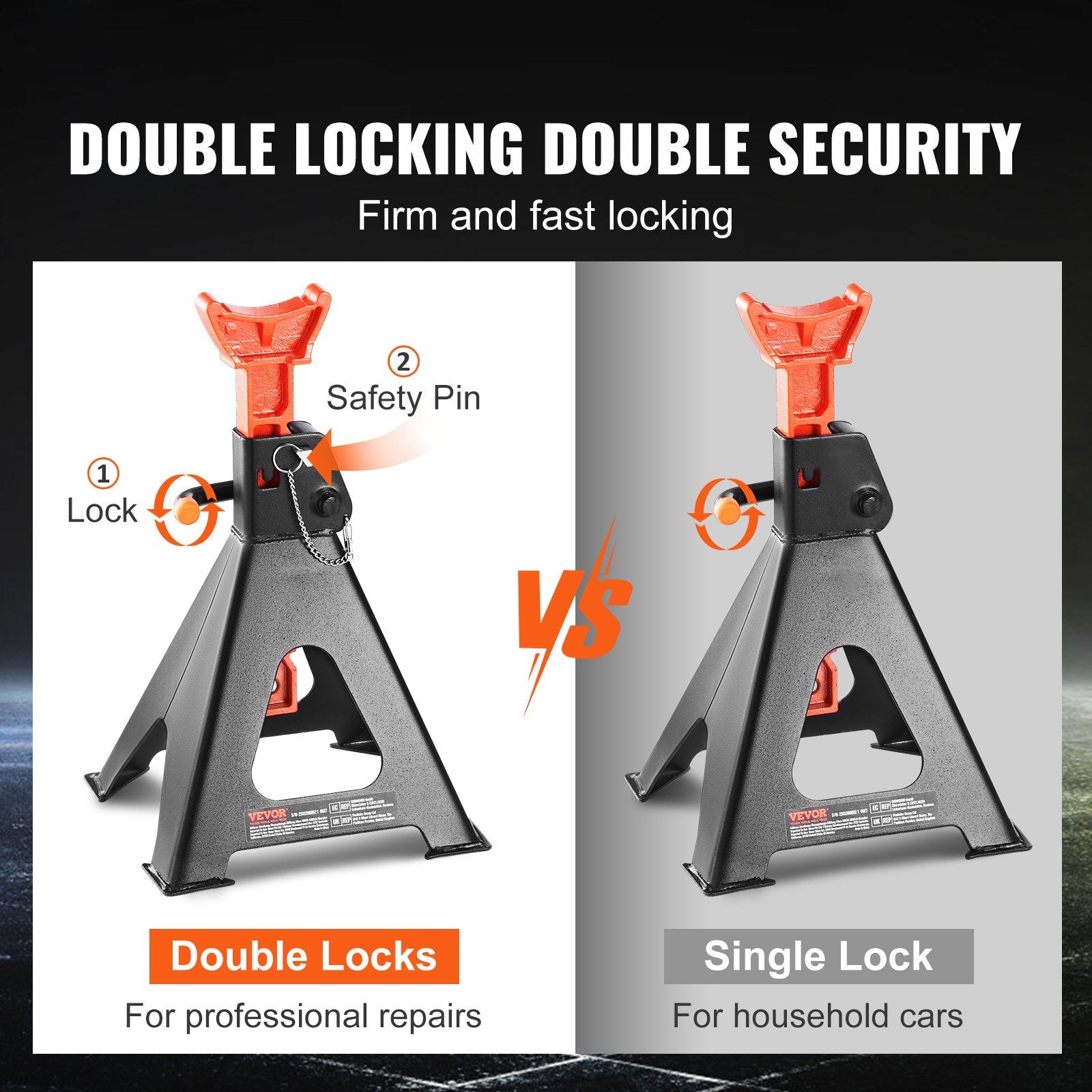 VEVOR Jack Stands, 6 Ton (5,897.5 kg) Capacity Car Jack Stands Double Locking, 36.1 - 58.4 cm Adjustable Height, for lifting SUV, Pickup Truck, Car and UTV/ATV, Red, 1 Pair