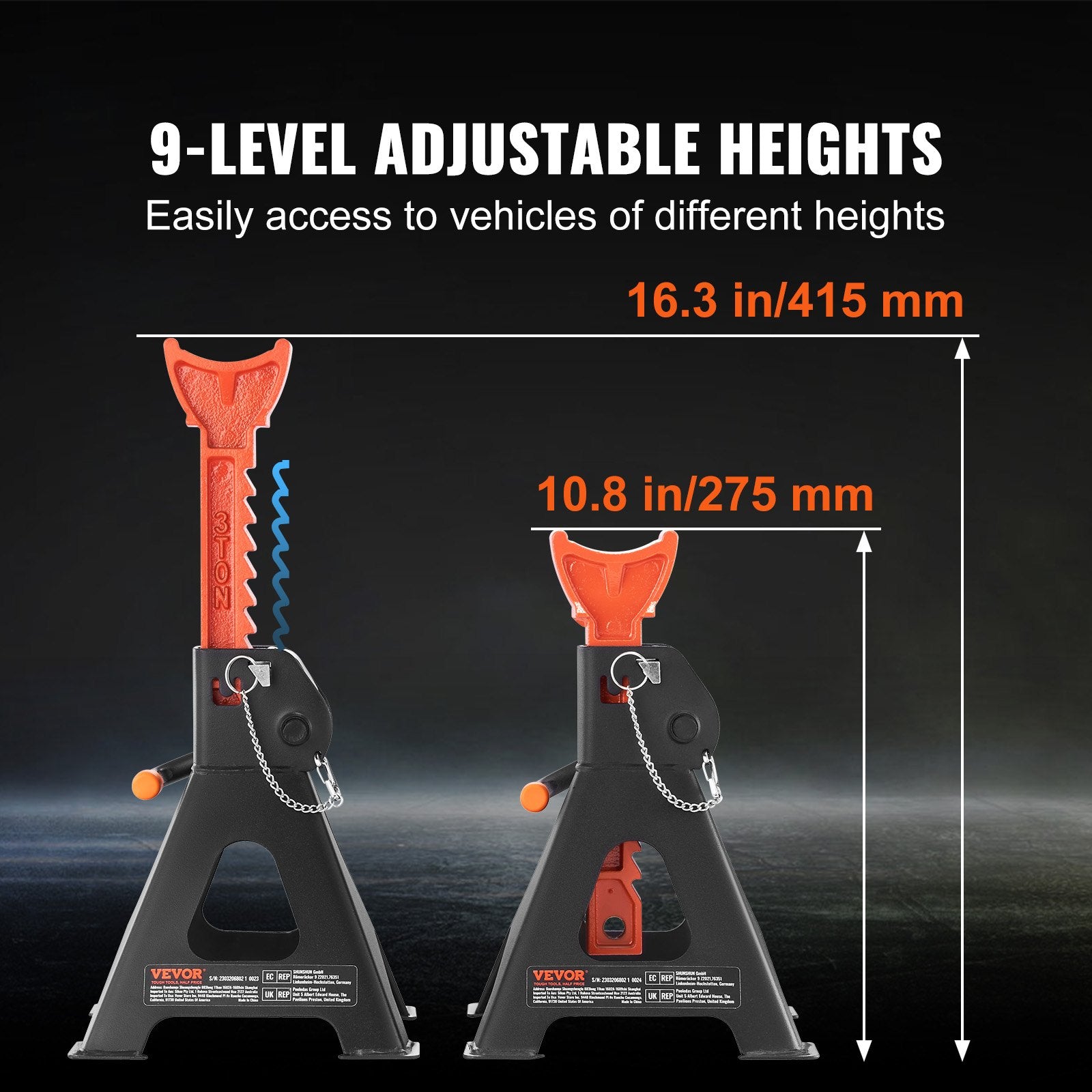 VEVOR Jack Stands, 3 Ton (2,721.6 kg) Capacity Car Jack Stands Double Locking, 27.4 - 41.4 cm Adjustable Height, for lifting SUV, Pickup Truck, Car and UTV/ATV, Red, 1 Pair