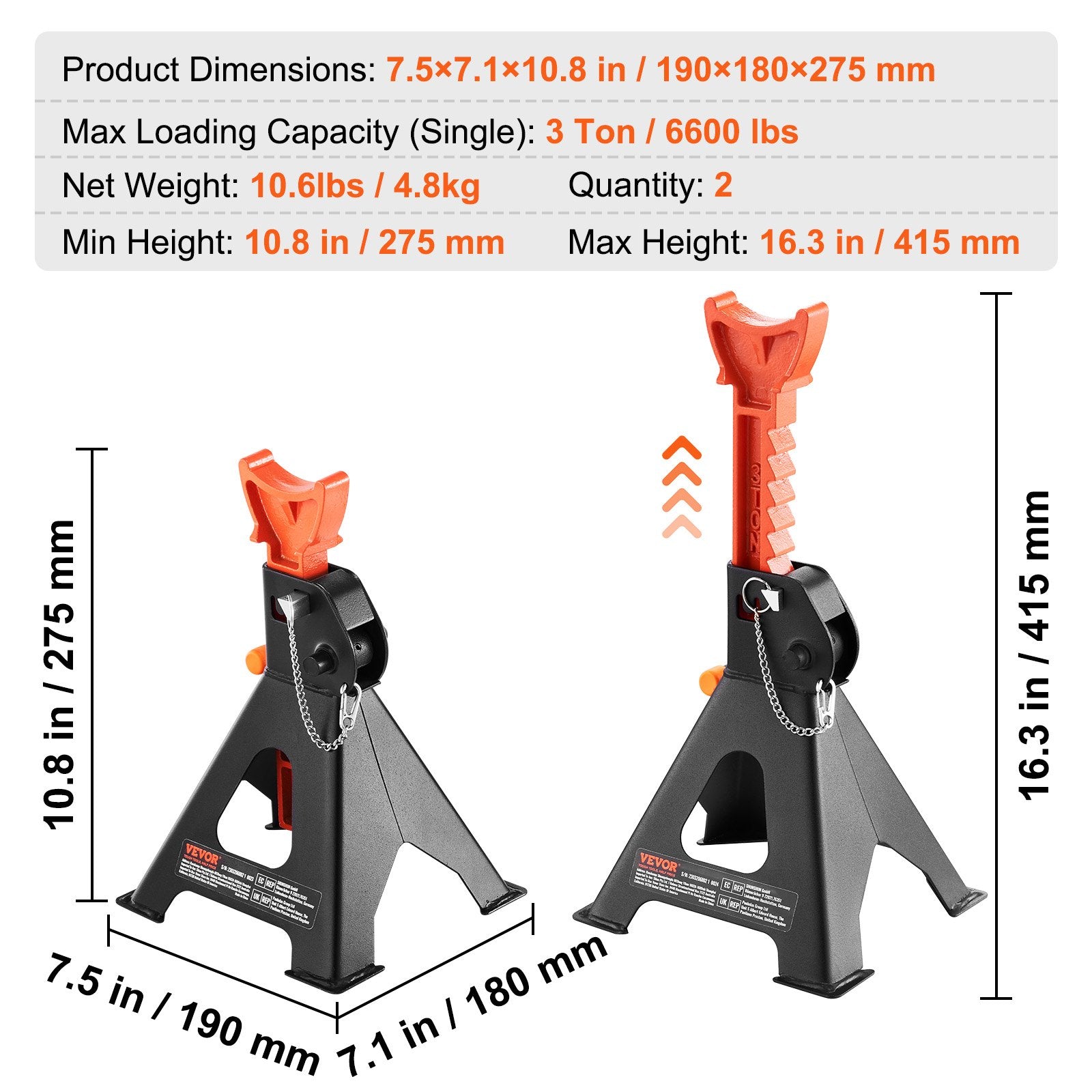 VEVOR Jack Stands, 3 Ton (2,721.6 kg) Capacity Car Jack Stands Double Locking, 27.4 - 41.4 cm Adjustable Height, for lifting SUV, Pickup Truck, Car and UTV/ATV, Red, 1 Pair