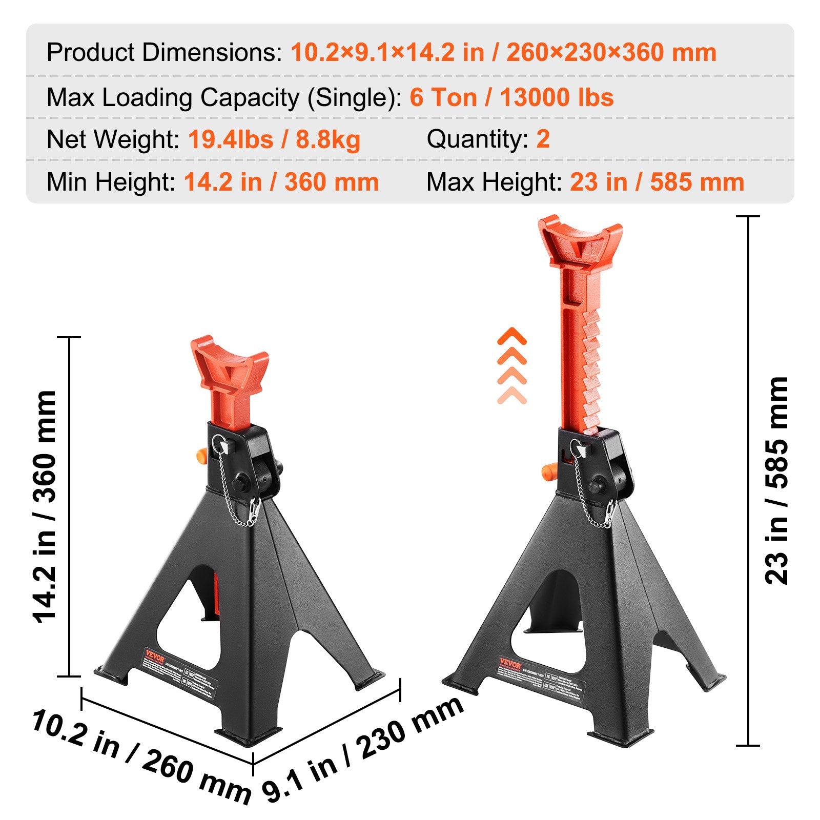 VEVOR Jack Stands, 6 Ton (5,897.5 kg) Capacity Car Jack Stands Double Locking, 36.1 - 58.4 cm Adjustable Height, for lifting SUV, Pickup Truck, Car and UTV/ATV, Red, 1 Pair