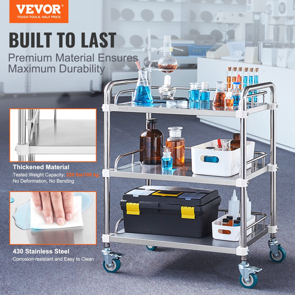 VEVOR Lab Rolling Cart, 3-Shelf Stainless Steel Rolling Cart, Lab Serving Cart with Swivel Casters, Dental Utility Cart for Clinic, Lab, Hospital, Salon, 70 x 395 x 867 mm