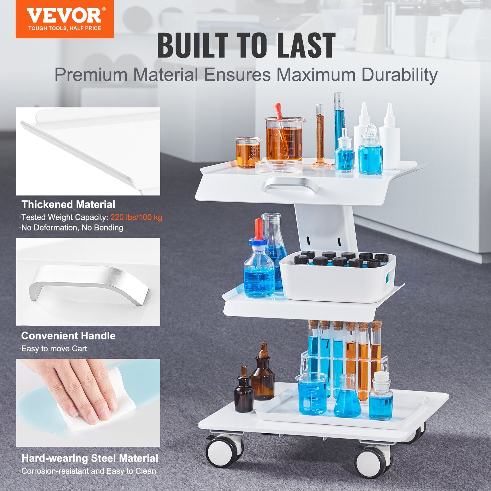 VEVOR Lab Trolley, 3-Layer Rolling Lab Cart, Metal Mobile Trolley with Swivel Wheels, Tray Rolling Clinic Cart 100 kg Weight Capacity, for Lab, Clinic, Beauty and Salon