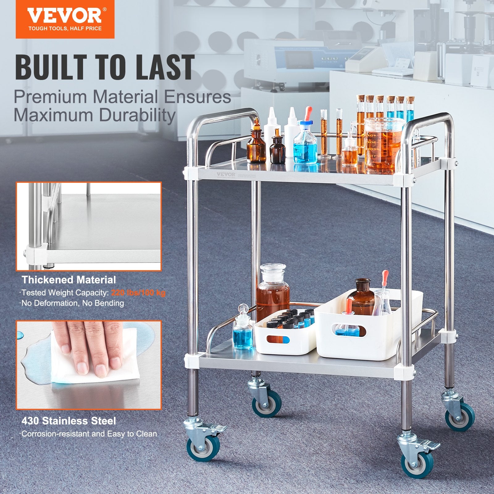 VEVOR Lab Rolling Cart, 2-Shelf Stainless Steel Rolling Cart, Lab Serving Cart with Swivel Casters, Dental Utility Cart for Clinic, Lab, Hospital, Salon, 385 x 548 x 865 mm