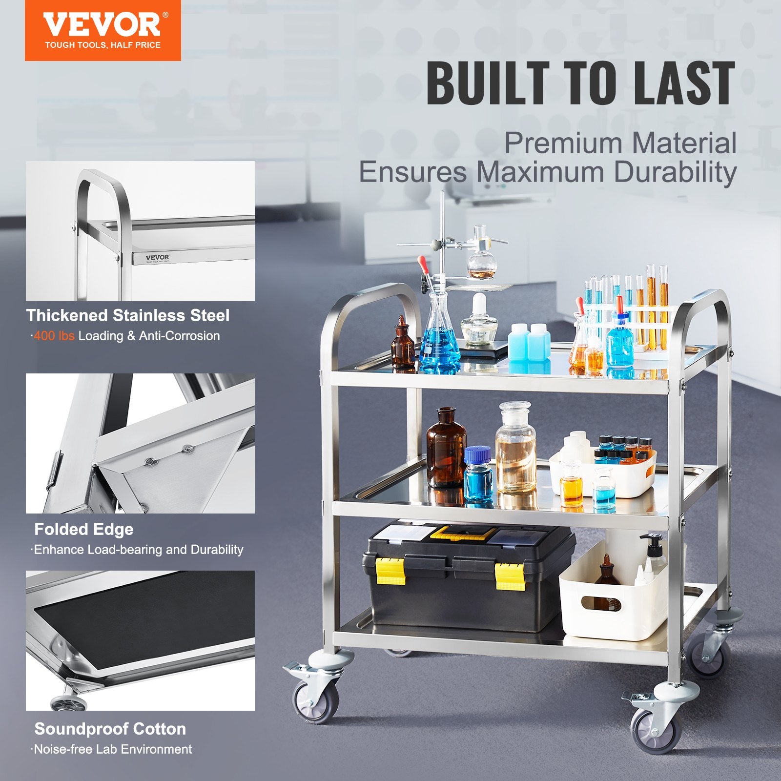 VEVOR Stainless Steel Cart, 3 Layers Lab Utility Cart 181.4kg Weight Capacity, Medical Cart with Lockable Universal Wheels, for Lab, Clinic, Kitchen, Salon
