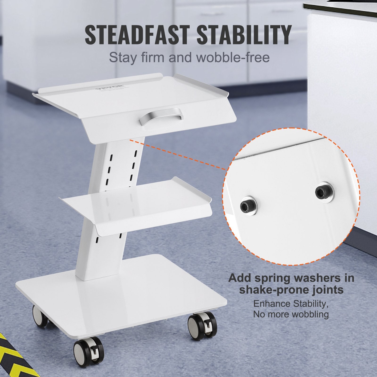 VEVOR Lab Trolley, 3-Layer Rolling Lab Cart, Metal Mobile Trolley with Swivel Wheels, Tray Rolling Clinic Cart 100 kg Weight Capacity, for Lab, Clinic, Beauty and Salon
