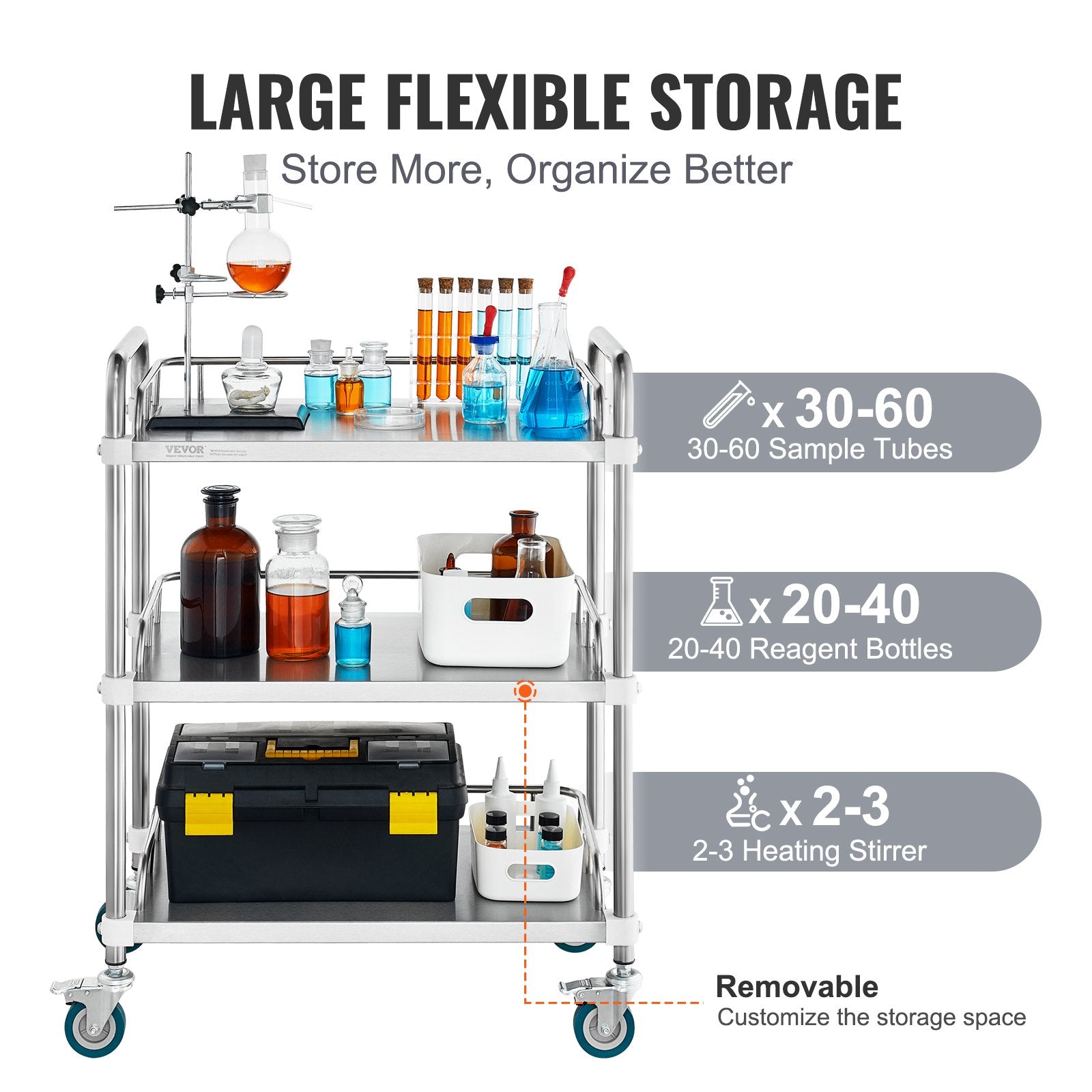 VEVOR Lab Rolling Cart, 3-Shelf Stainless Steel Rolling Cart, Lab Serving Cart with Swivel Casters, Dental Utility Cart for Clinic, Lab, Hospital, Salon, 70 x 395 x 867 mm