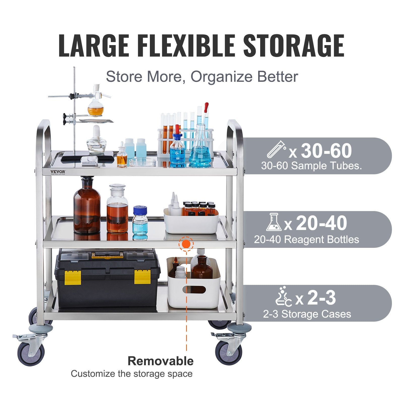 VEVOR Stainless Steel Cart, 3 Layers Lab Utility Cart 181.4kg Weight Capacity, Medical Cart with Lockable Universal Wheels, for Lab, Clinic, Kitchen, Salon