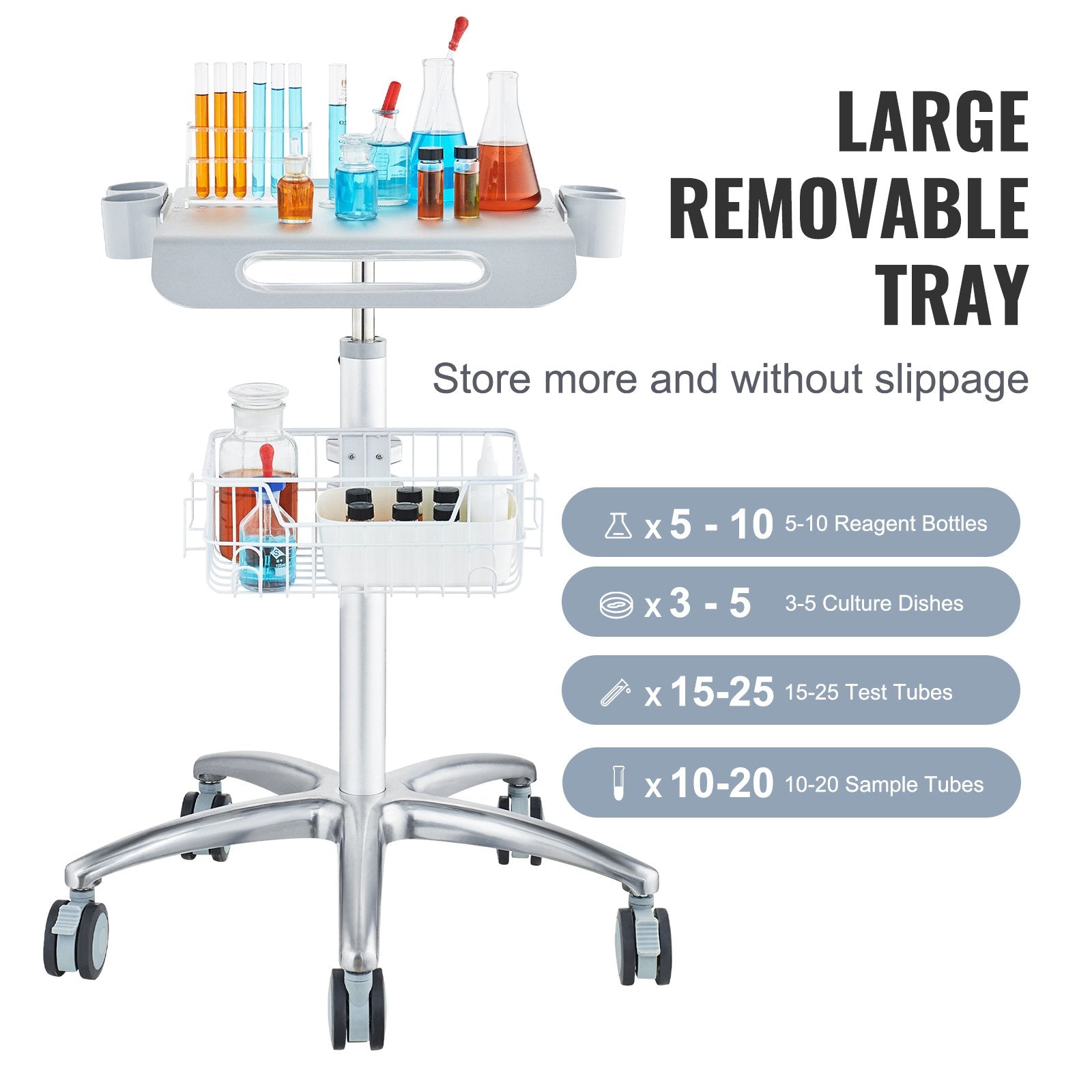 VEVOR Medical Cart, Salon Cart with Wheels, Mobile Trolley Cart 680-1090 mm Height Adjustable, Metal Salon Stations for Hair Stylist, Rolling Desktop Lab Cart for Clinic, Beauty and Salon