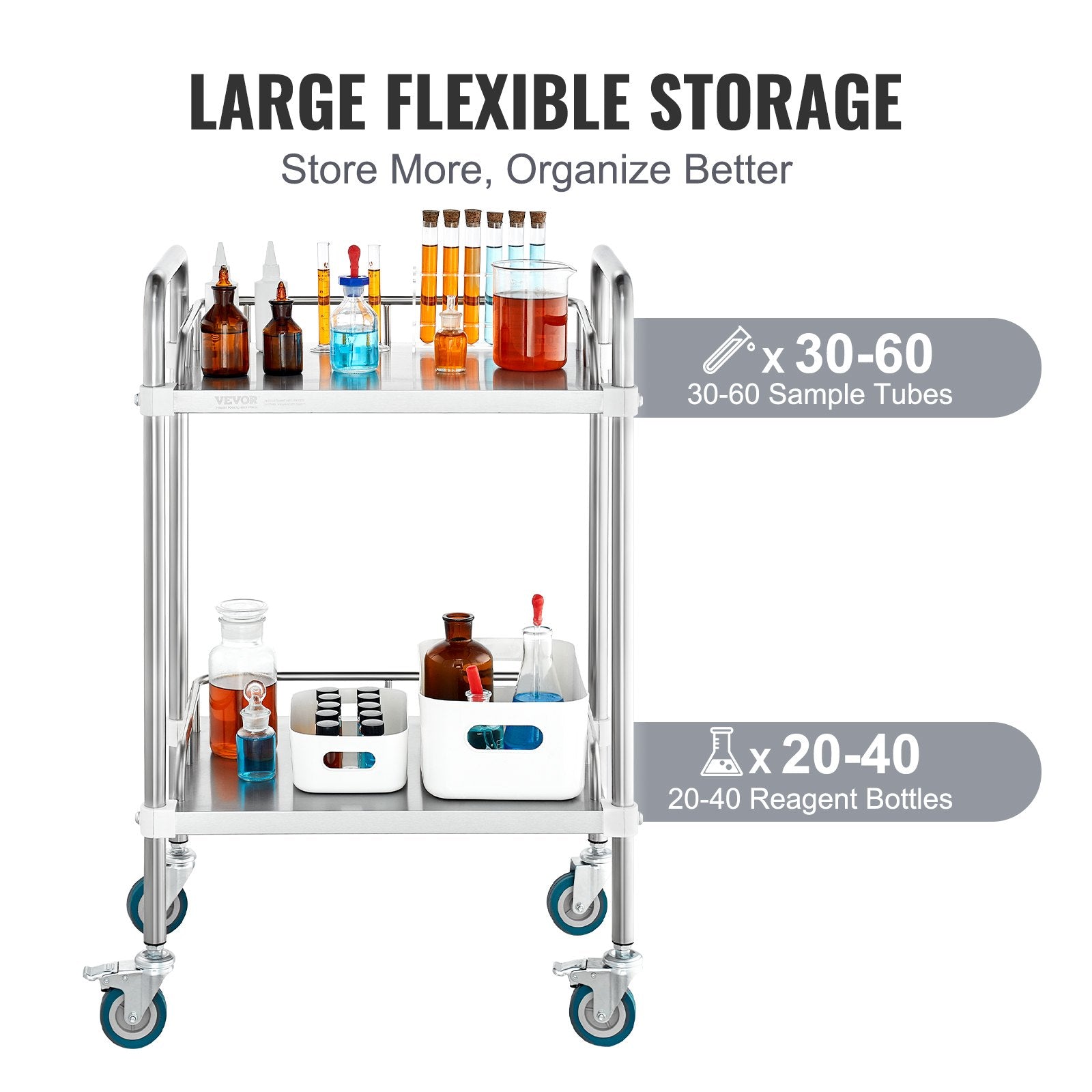 VEVOR Lab Rolling Cart, 2-Shelf Stainless Steel Rolling Cart, Lab Serving Cart with Swivel Casters, Dental Utility Cart for Clinic, Lab, Hospital, Salon, 385 x 548 x 865 mm