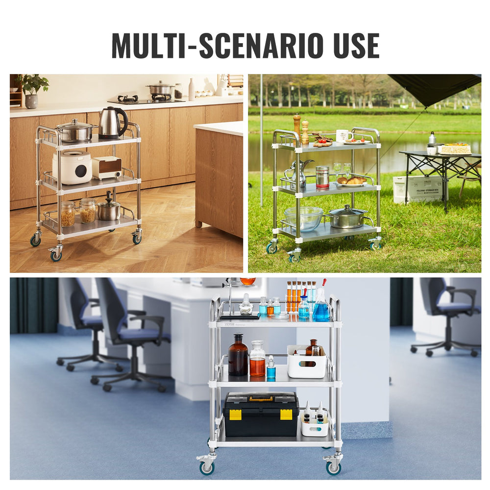 VEVOR Lab Rolling Cart, 3-Shelf Stainless Steel Rolling Cart, Lab Serving Cart with Swivel Casters, Dental Utility Cart for Clinic, Lab, Hospital, Salon, 70 x 395 x 867 mm