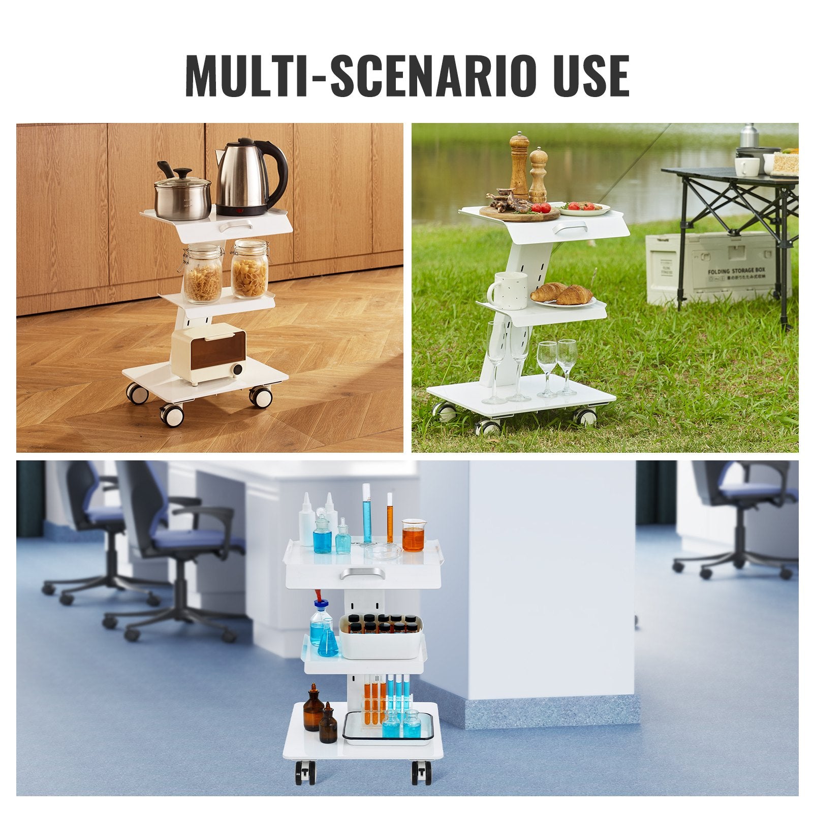 VEVOR Lab Trolley, 3-Layer Rolling Lab Cart, Metal Mobile Trolley with Swivel Wheels, Tray Rolling Clinic Cart 100 kg Weight Capacity, for Lab, Clinic, Beauty and Salon