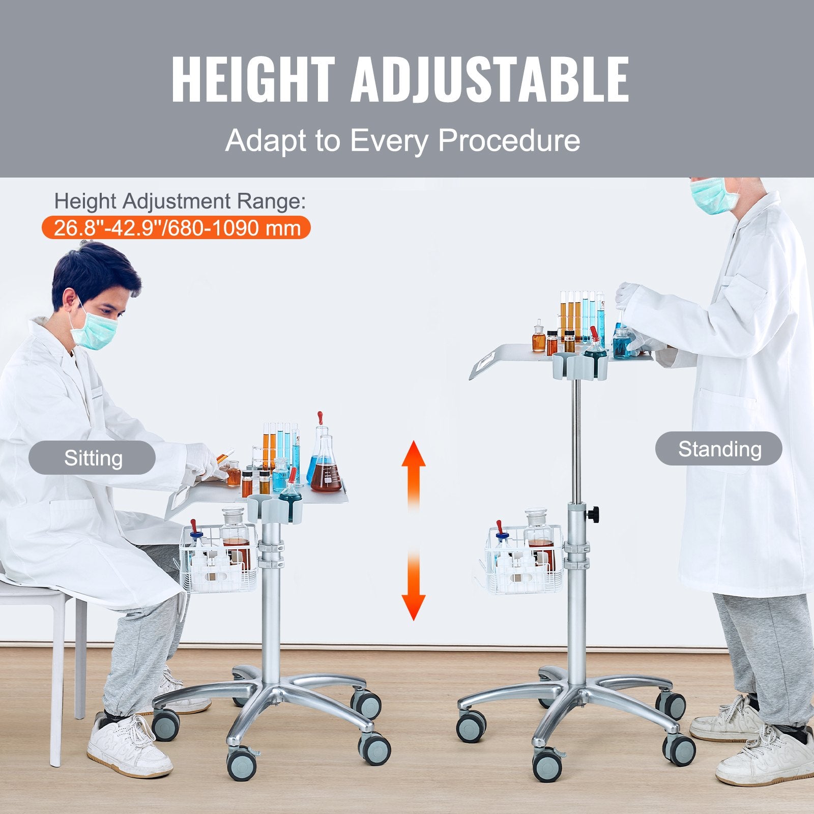 VEVOR Medical Cart, Salon Cart with Wheels, Mobile Trolley Cart 680-1090 mm Height Adjustable, Metal Salon Stations for Hair Stylist, Rolling Desktop Lab Cart for Clinic, Beauty and Salon