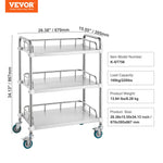 VEVOR Lab Rolling Cart, 3-Shelf Stainless Steel Rolling Cart, Lab Serving Cart with Swivel Casters, Dental Utility Cart for Clinic, Lab, Hospital, Salon, 70 x 395 x 867 mm