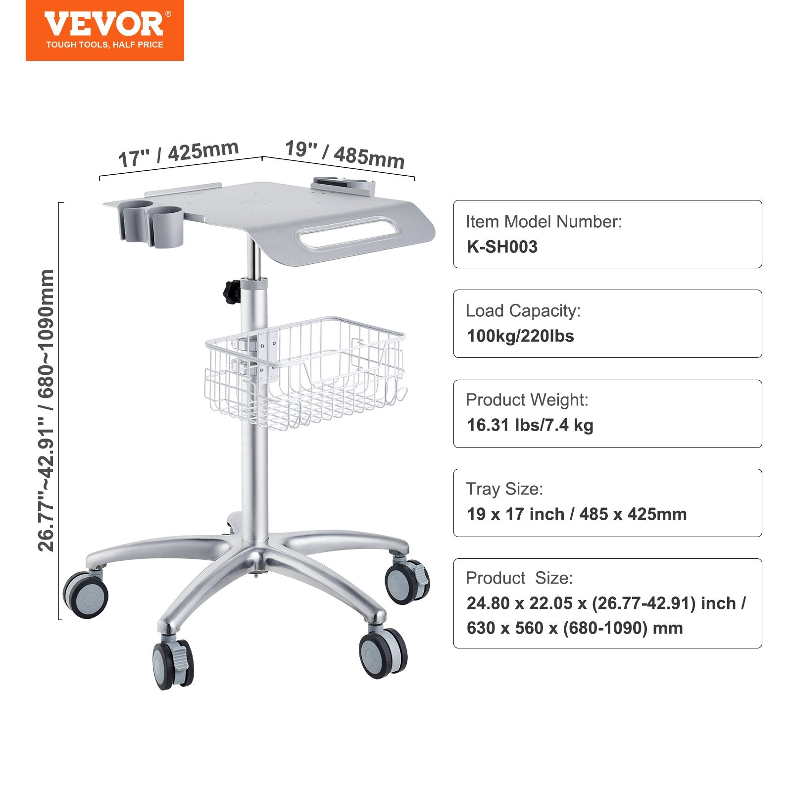 VEVOR Medical Cart, Salon Cart with Wheels, Mobile Trolley Cart 680-1090 mm Height Adjustable, Metal Salon Stations for Hair Stylist, Rolling Desktop Lab Cart for Clinic, Beauty and Salon